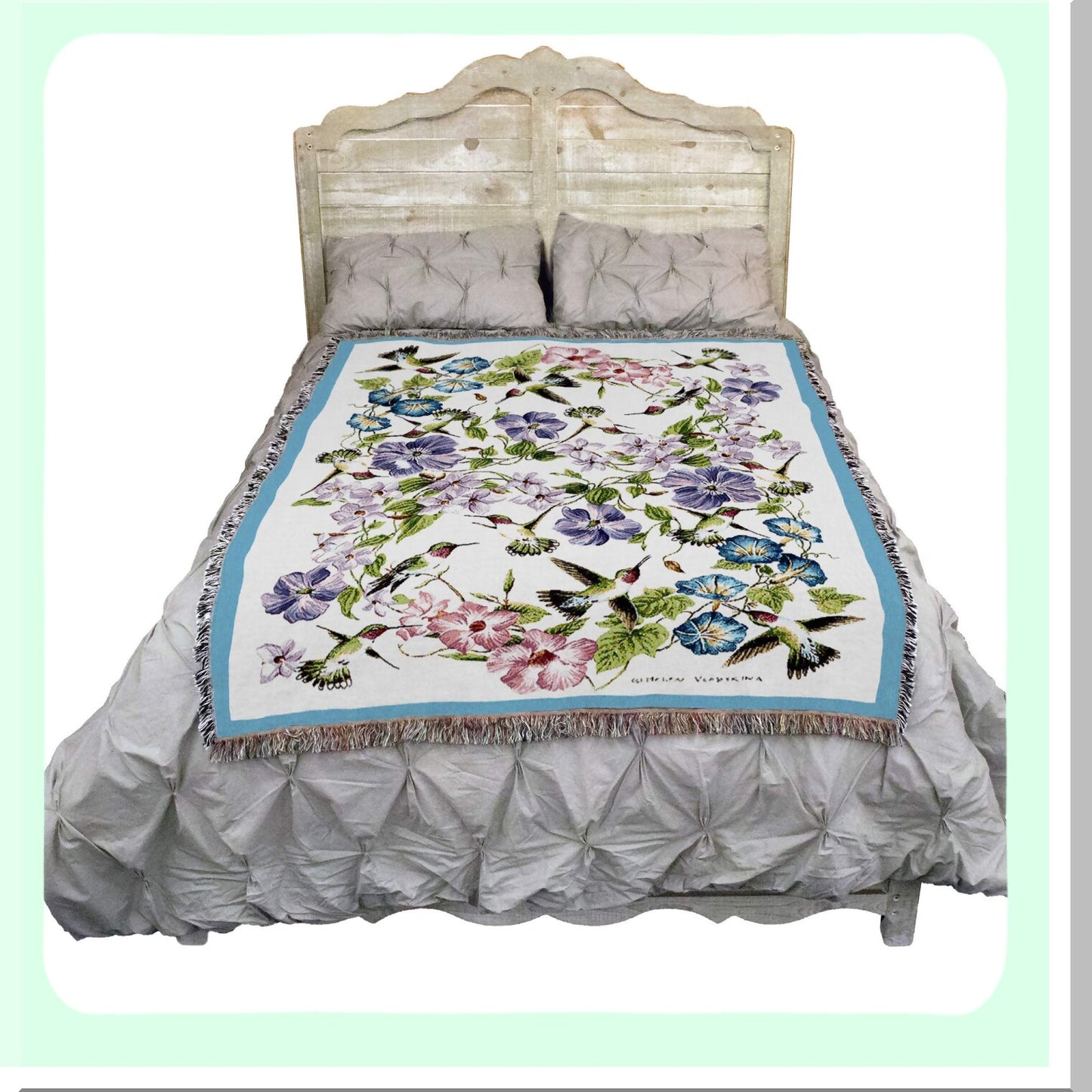 Bird Garden Bliss: Floral Hummingbird Cotton Tapestry Throw - 72x54 USA Made