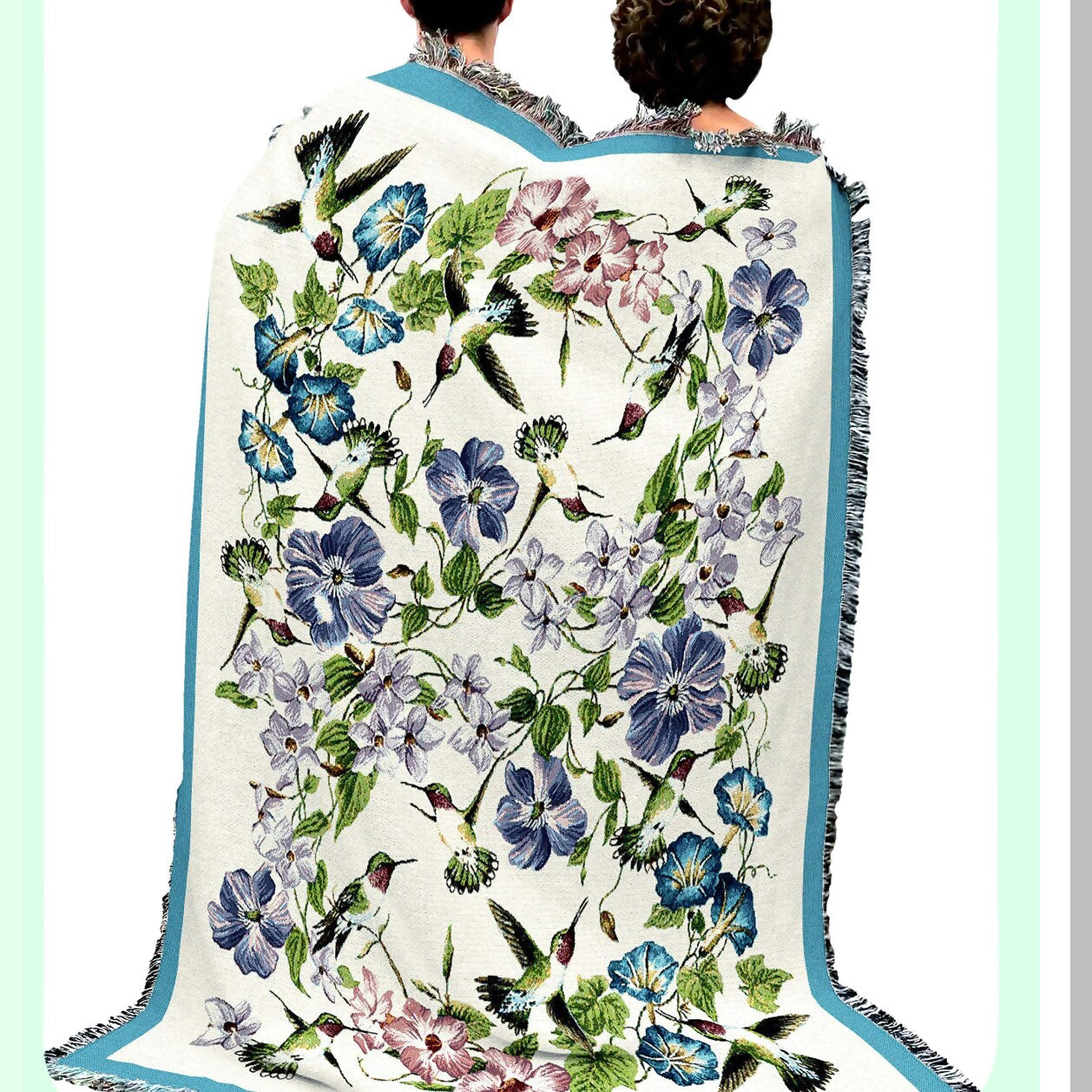 Bird Garden Bliss: Floral Hummingbird Cotton Tapestry Throw - 72x54 USA Made