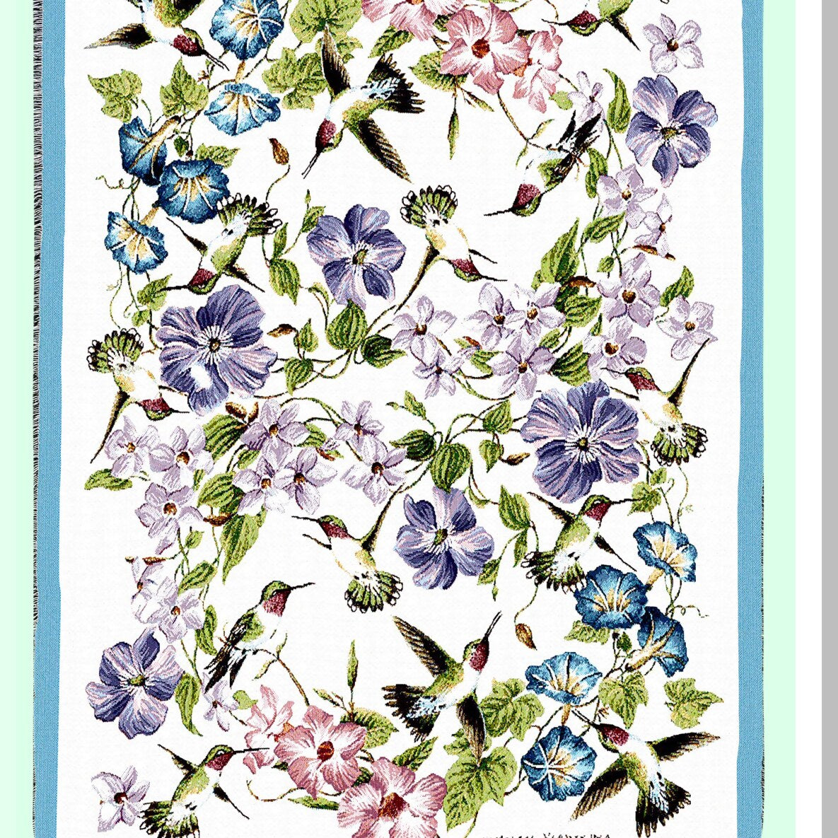 Bird Garden Bliss: Floral Hummingbird Cotton Tapestry Throw - 72x54 USA Made