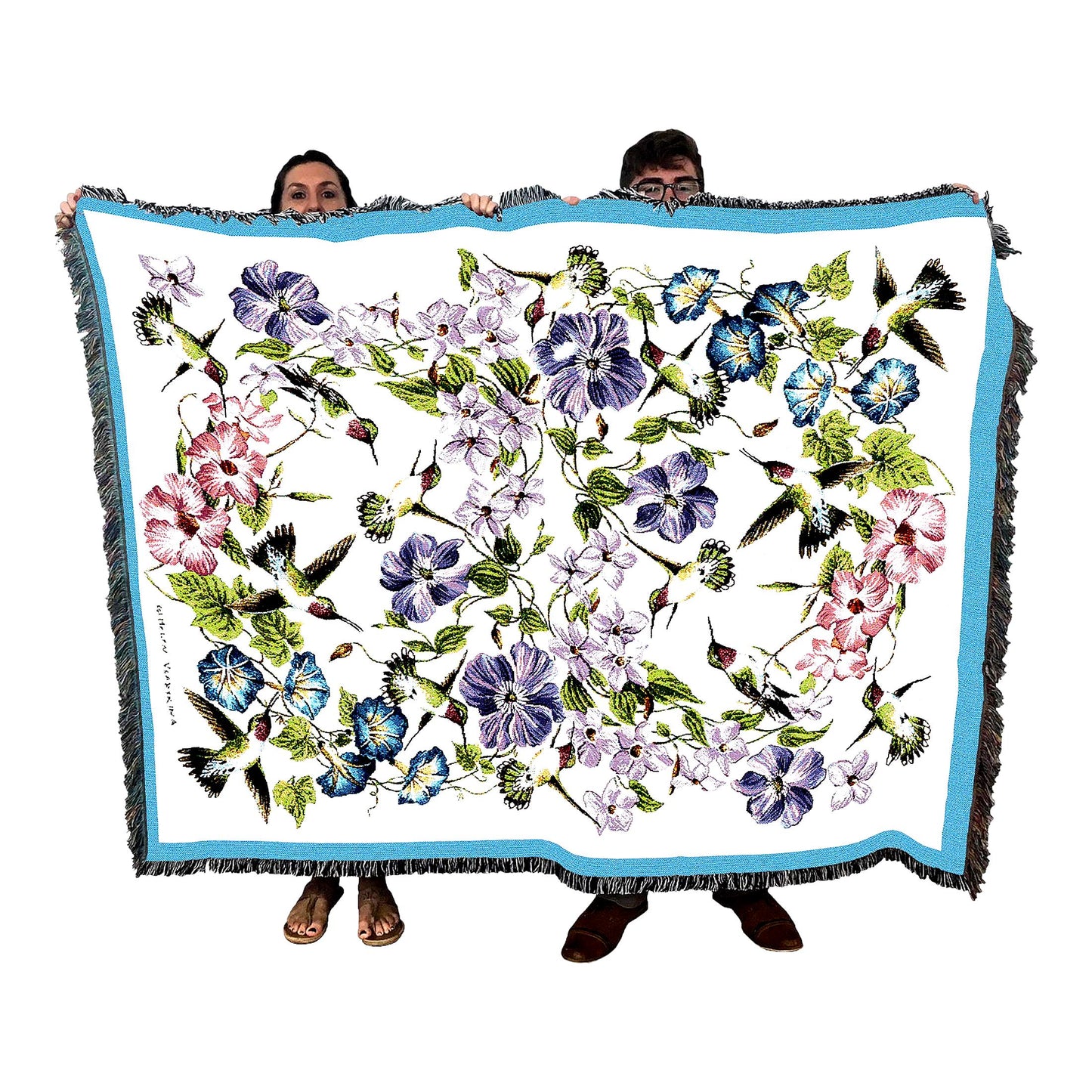 Bird Garden Bliss: Floral Hummingbird Cotton Tapestry Throw - 72x54 USA Made