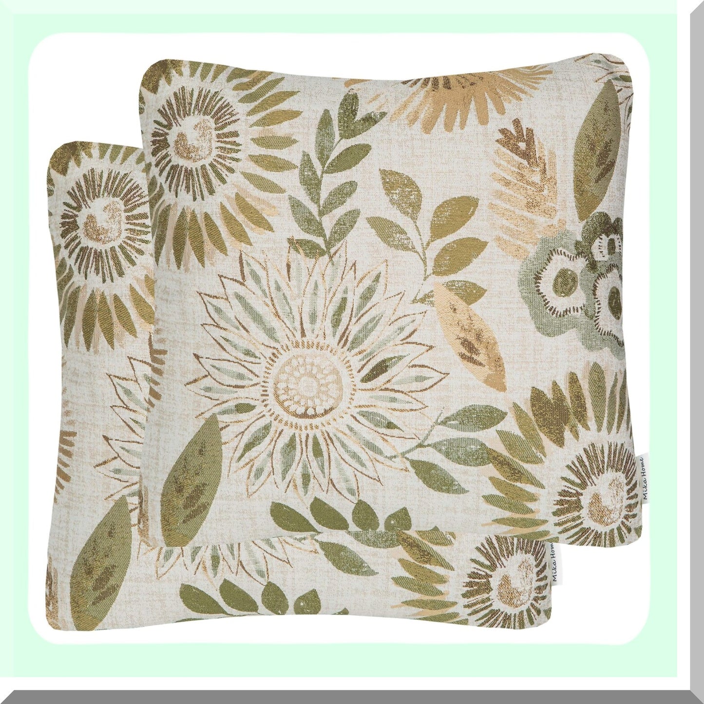 Sunflower Dream Pillow Covers - Set of 2 Decorative Cases for Sofa Couch Bed, 22x22 Inches, Green Cream Design - Home Decor Accent