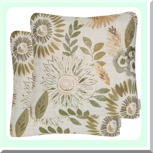 Sunflower Dream Pillow Covers - Set of 2 Decorative Cases for Sofa Couch Bed, 22x22 Inches, Green Cream Design - Home Decor Accent