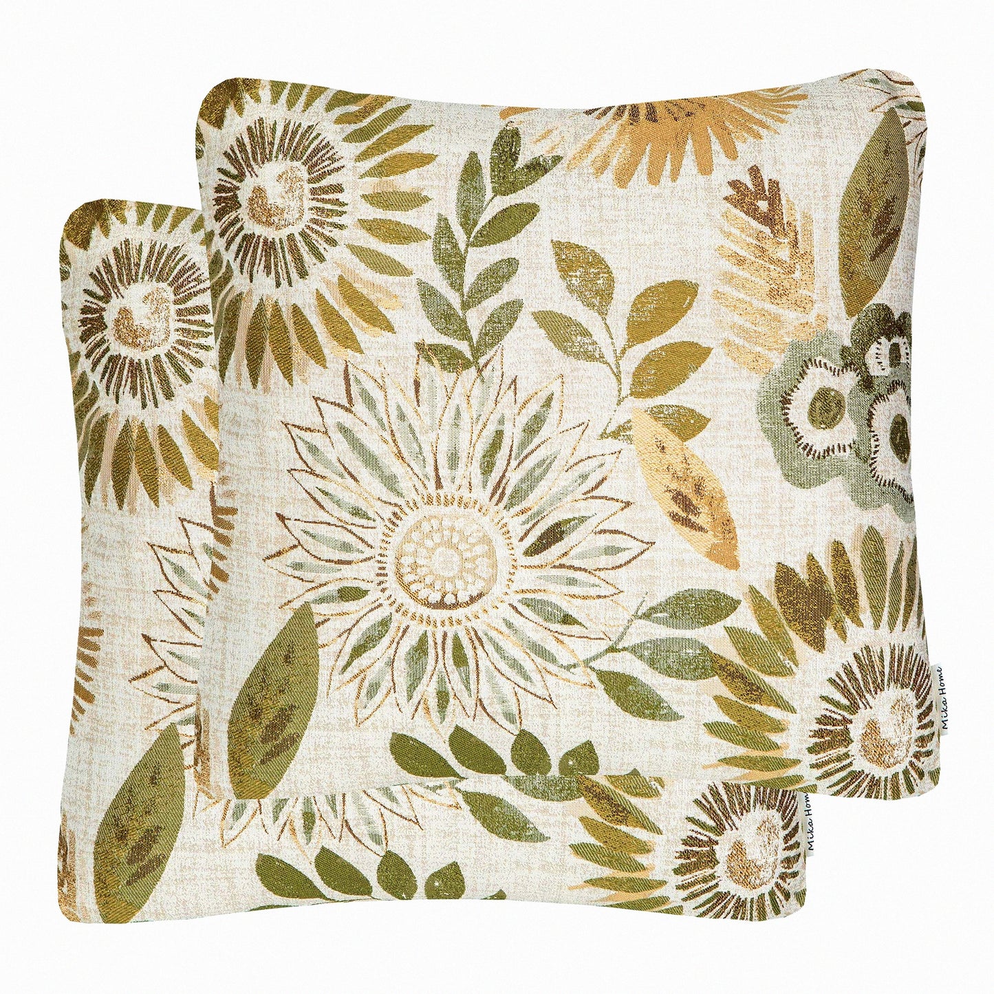 Sunflower Dream Pillow Covers - Set of 2 Decorative Cases for Sofa Couch Bed, 22x22 Inches, Green Cream Design - Home Decor Accent