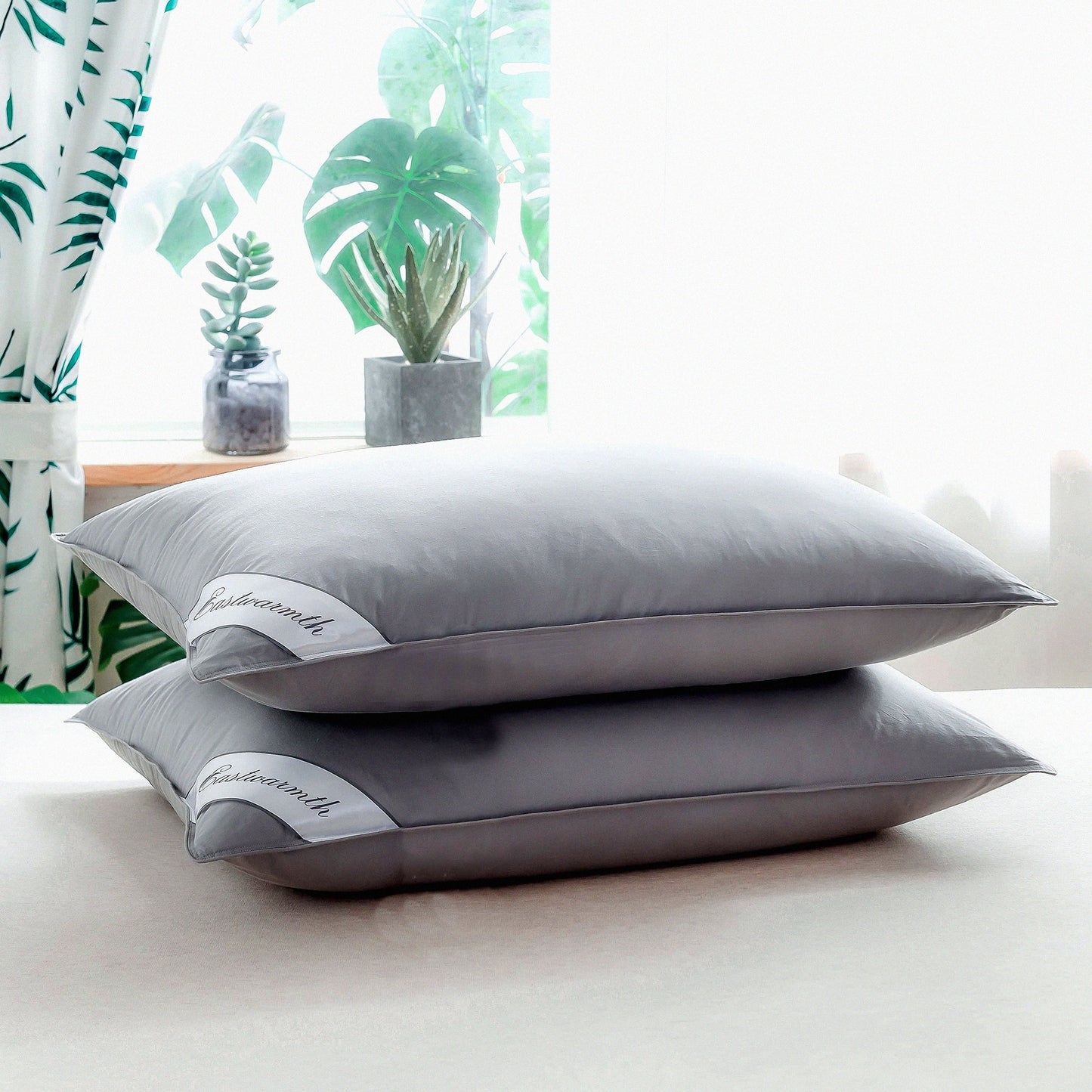 Luxury Grey Goose Down Hotel Pillows - Queen Size 100% Cotton Cover Set of 2, 20x30inch Plush Bedding Pair