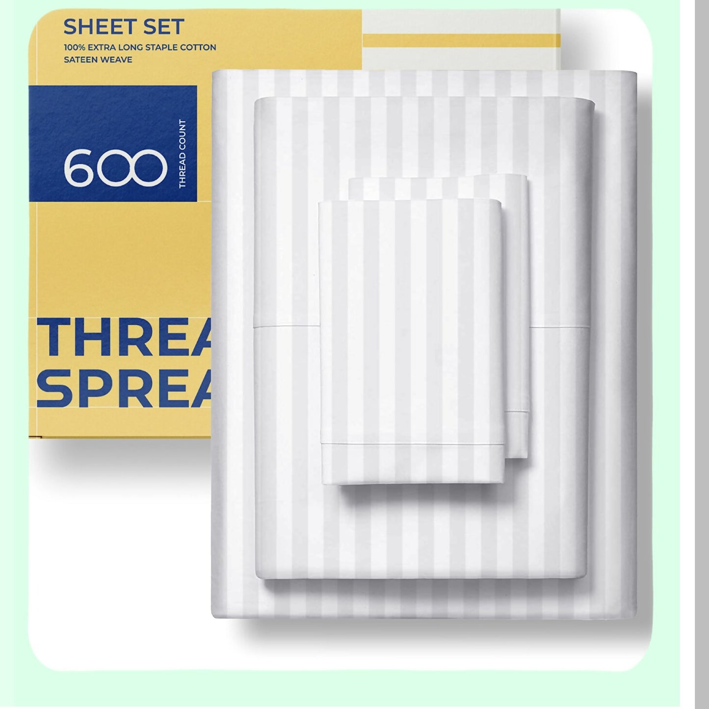 CoolSleep Cotton Stripe Twin XL Sheets - 600 Thread Count Damask Bedsheets for Hot Sleepers. Sateen Weave, Deep Pocket Fitted, 3 Pc Hotel Sheets in Snow White.