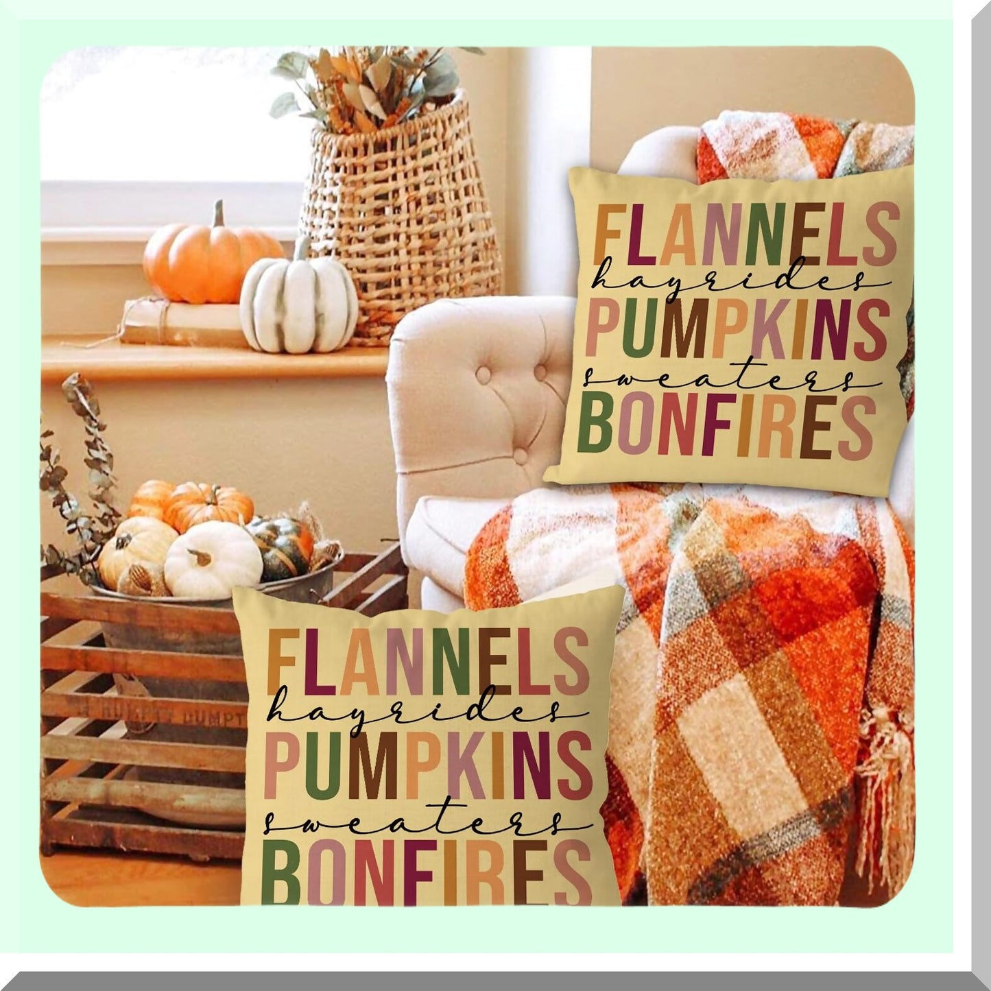 Autumn Harvest Flannel Pillow Covers - Yellow Pumpkins & Bonfires Linen Farmhouse Throw Cushion Case for Sofa & Bedroom Decoration - Holiday Pillows