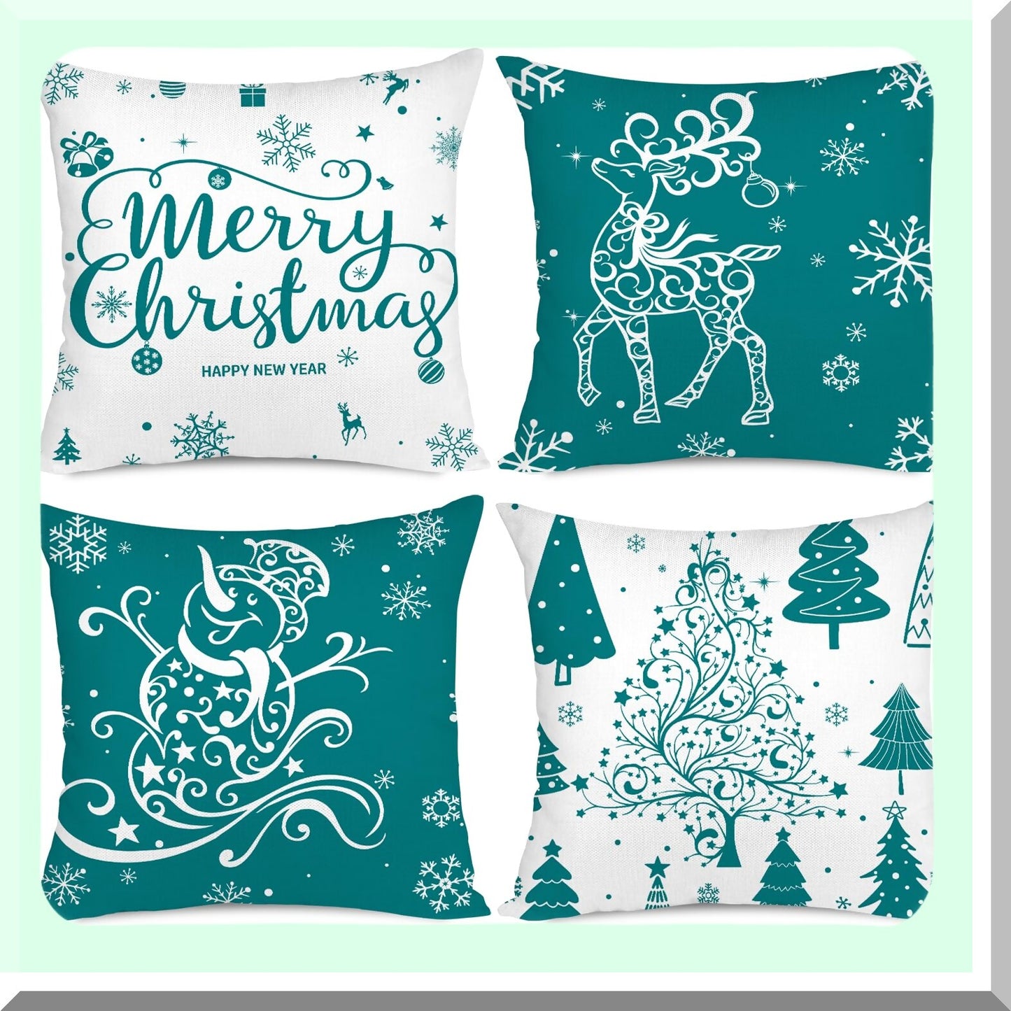 Winter Wonderland Holiday Pillow Covers - Set of 4 16x16 Teal Throw Pillow Covers with Trees, Deer, Snowman & Merry Decor for Farmhouse Decor