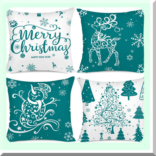 Winter Wonderland Holiday Pillow Covers - Set of 4 16x16 Teal Throw Pillow Covers with Trees, Deer, Snowman & Merry Decor for Farmhouse Decor