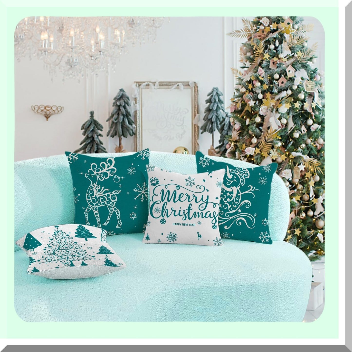 Winter Wonderland Holiday Pillow Covers - Set of 4 16x16 Teal Throw Pillow Covers with Trees, Deer, Snowman & Merry Decor for Farmhouse Decor