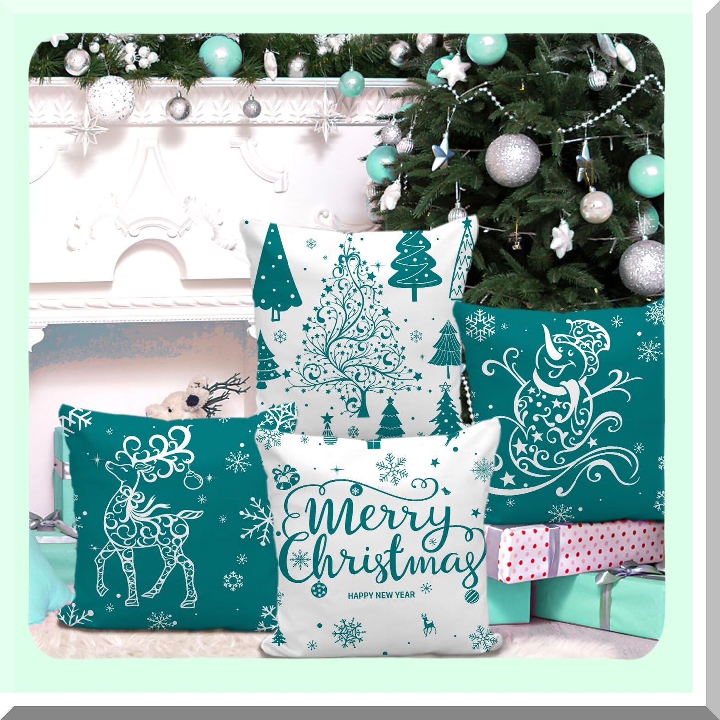 Winter Wonderland Holiday Pillow Covers - Set of 4 16x16 Teal Throw Pillow Covers with Trees, Deer, Snowman & Merry Decor for Farmhouse Decor