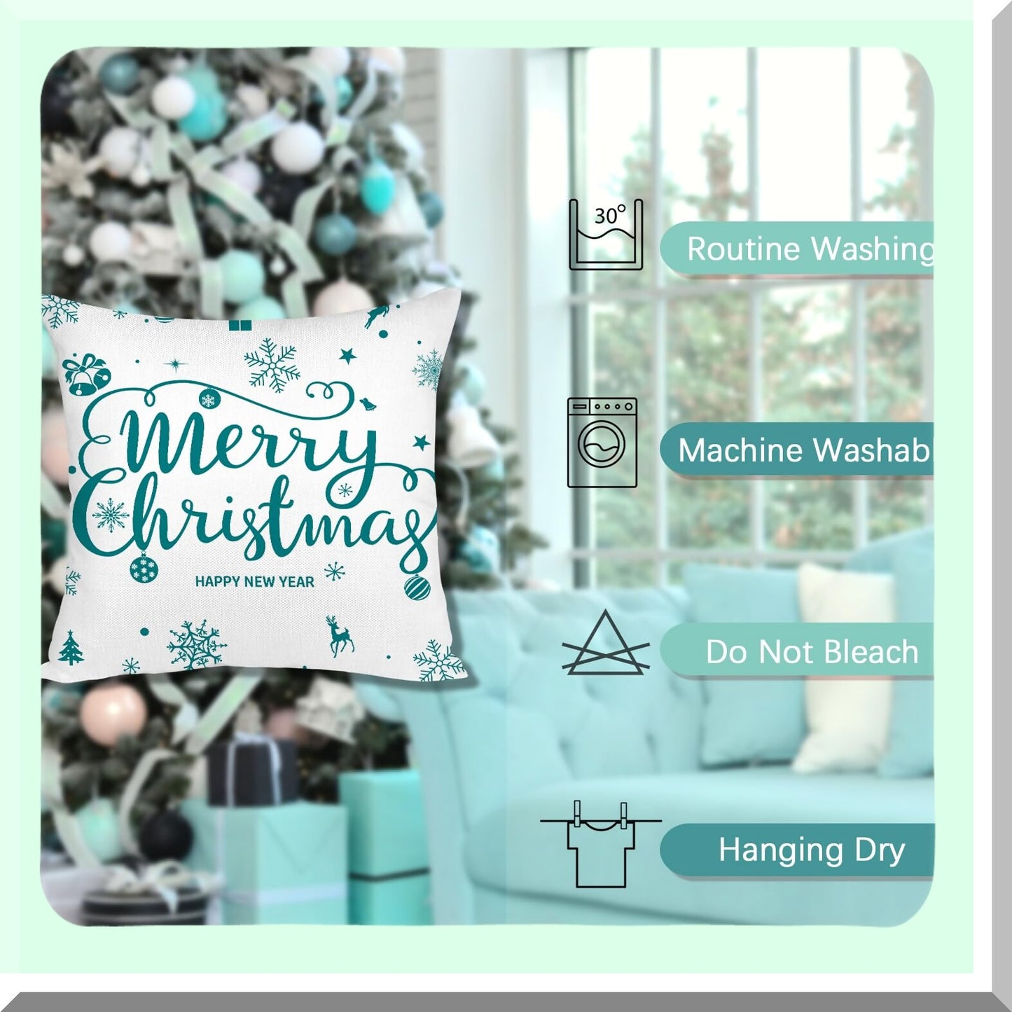 Winter Wonderland Holiday Pillow Covers - Set of 4 16x16 Teal Throw Pillow Covers with Trees, Deer, Snowman & Merry Decor for Farmhouse Decor