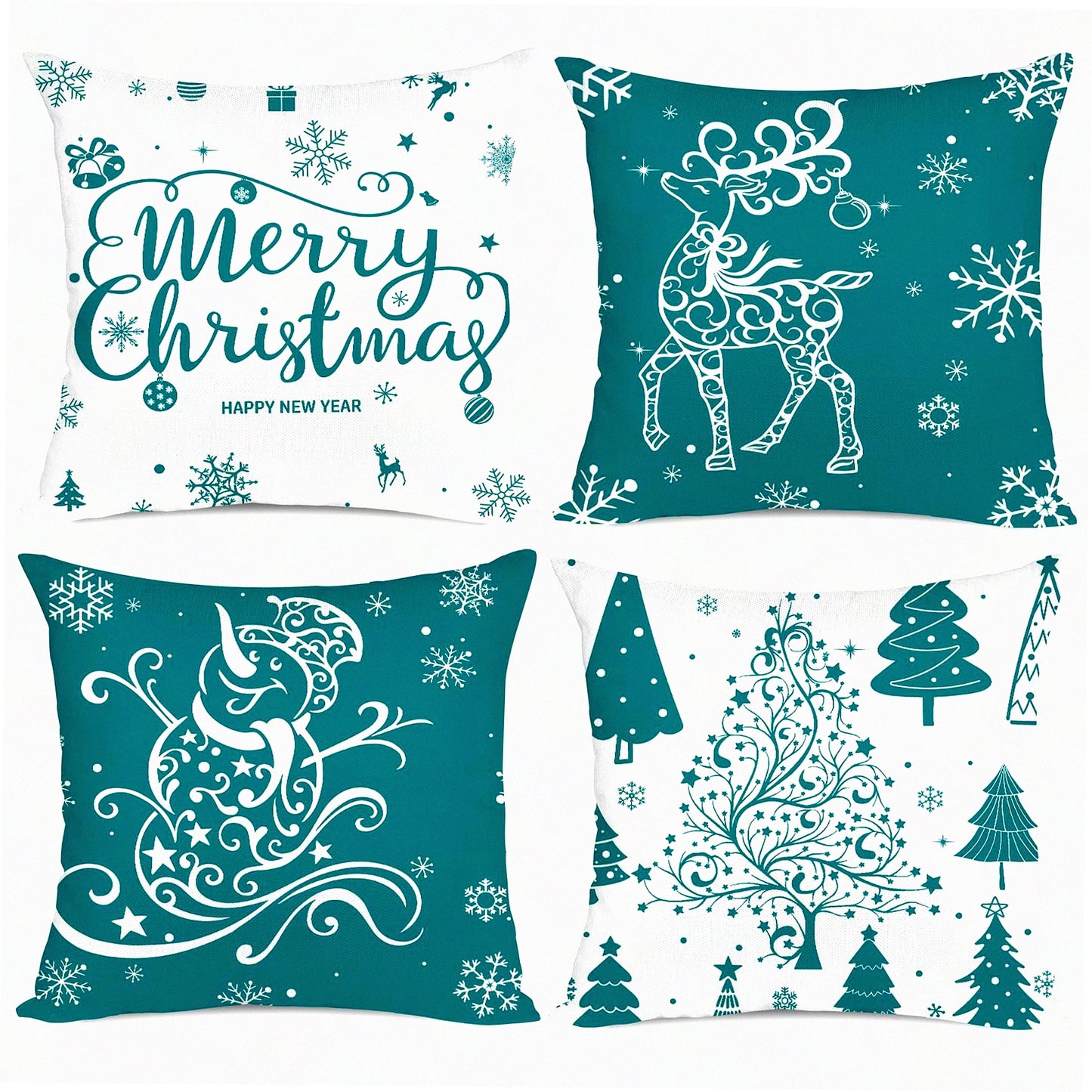 Winter Wonderland Holiday Pillow Covers - Set of 4 16x16 Teal Throw Pillow Covers with Trees, Deer, Snowman & Merry Decor for Farmhouse Decor