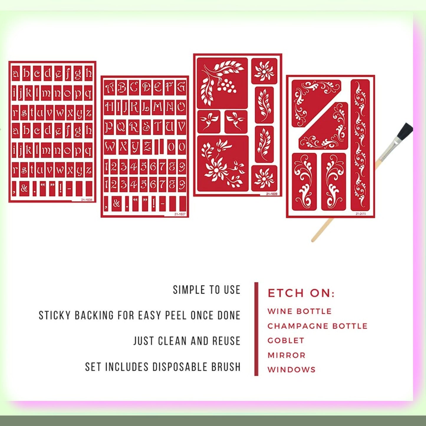 Glass Etching Kit with Alphabets, Floral, Berries, 5-Piece