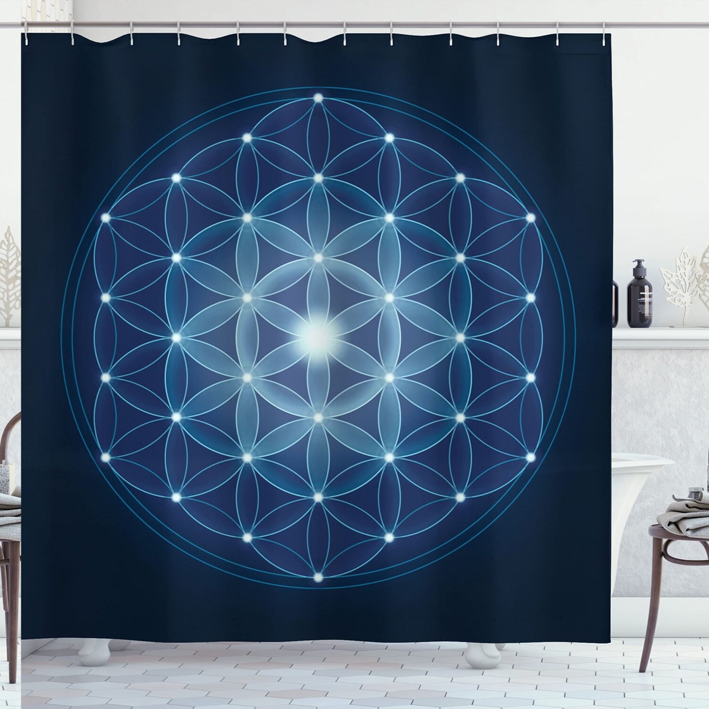 Abstract Shower Curtain with Stars and Geometry Print, 69" x 70"