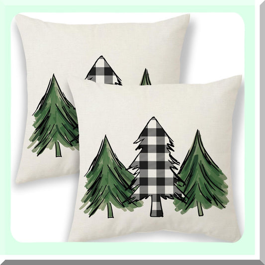 Winter Wonderland Tree Pillow Covers - Set of 2 Black White Buffalo Plaid Holly Outdoor Decorative Throw Pillows 18x18 for Couch, Farmhouse Xmas Decor Cushion Cover - Perfect for Bed Sofa