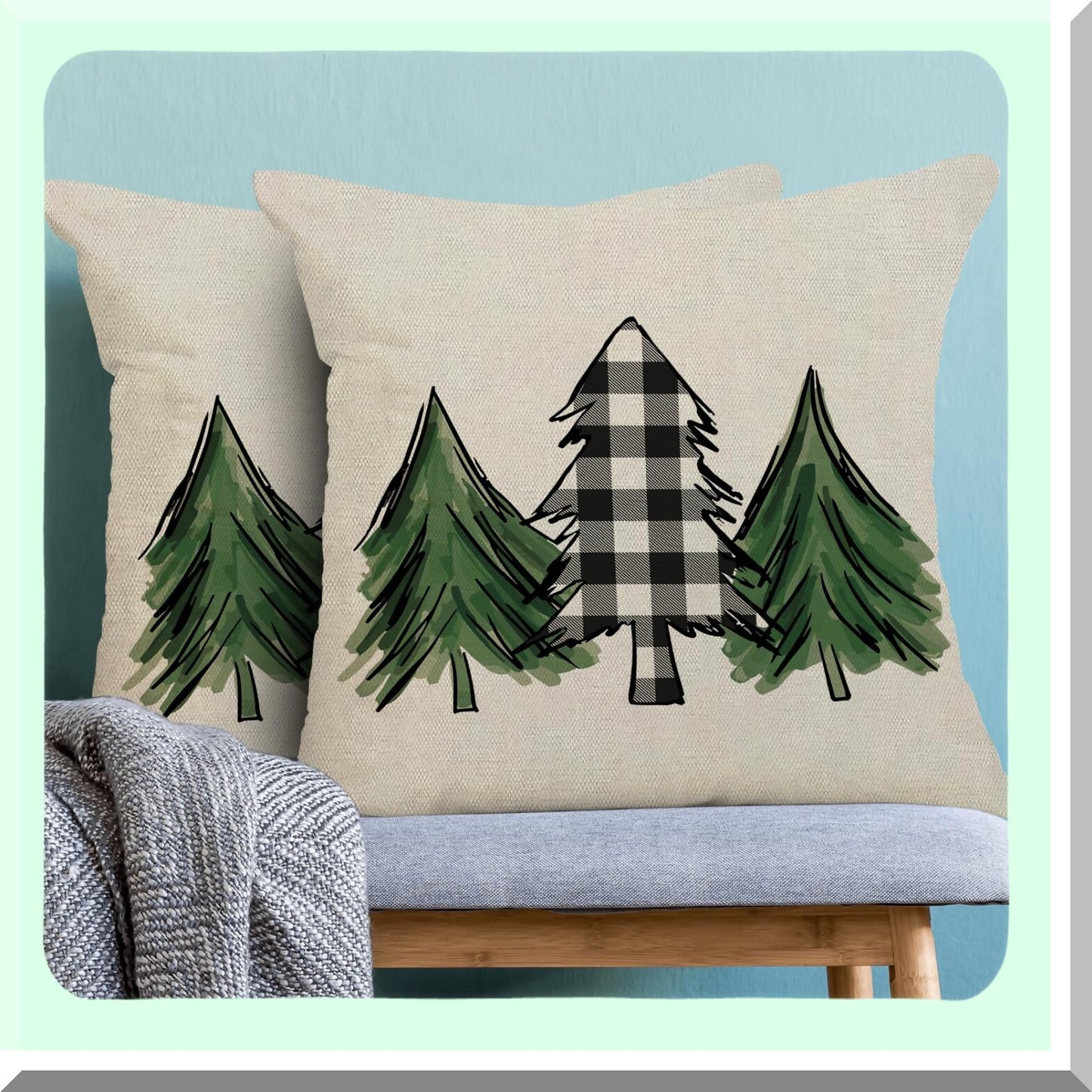 Winter Wonderland Tree Pillow Covers - Set of 2 Black White Buffalo Plaid Holly Outdoor Decorative Throw Pillows 18x18 for Couch, Farmhouse Xmas Decor Cushion Cover - Perfect for Bed Sofa