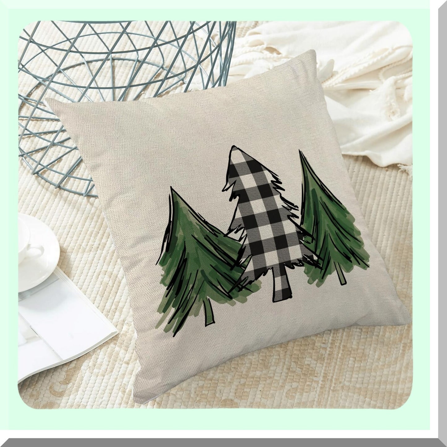 Winter Wonderland Tree Pillow Covers - Set of 2 Black White Buffalo Plaid Holly Outdoor Decorative Throw Pillows 18x18 for Couch, Farmhouse Xmas Decor Cushion Cover - Perfect for Bed Sofa