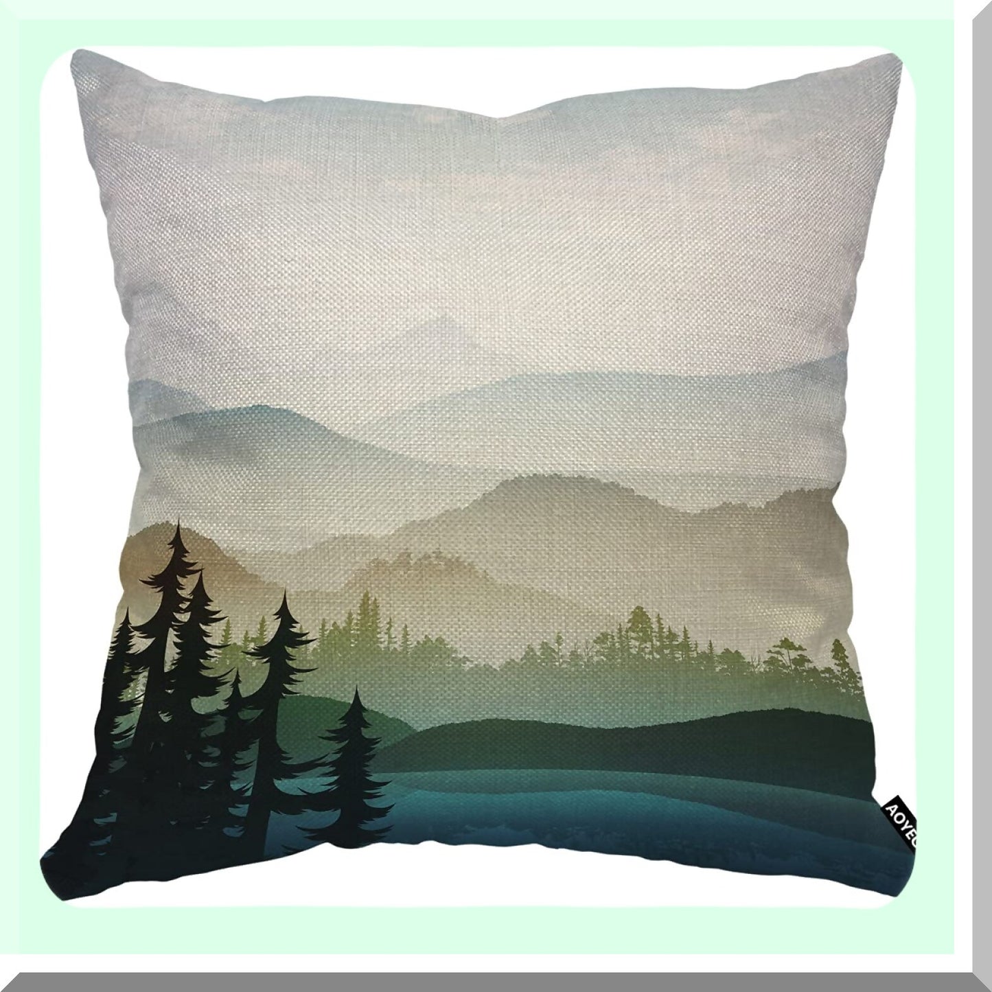 Mountain Forest Lake Summer Green Plant Fog River Park Decorative Throw Pillow Cover - 18x18 Inch Cotton Linen Cushion for Home Couch Bed