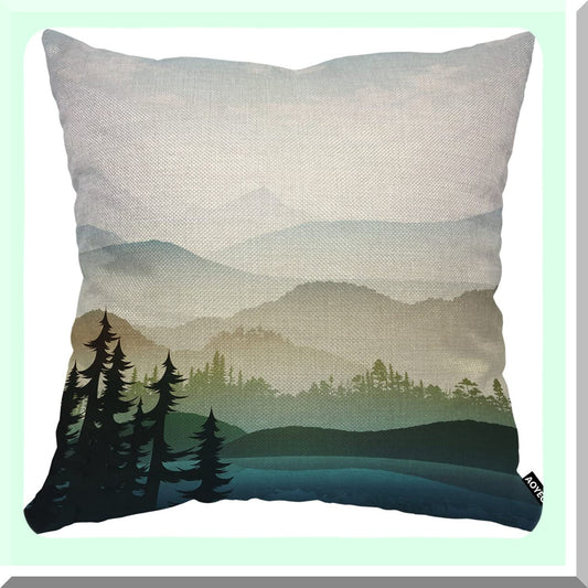 Mountain Forest Lake Summer Green Plant Fog River Park Decorative Throw Pillow Cover - 18x18 Inch Cotton Linen Cushion for Home Couch Bed