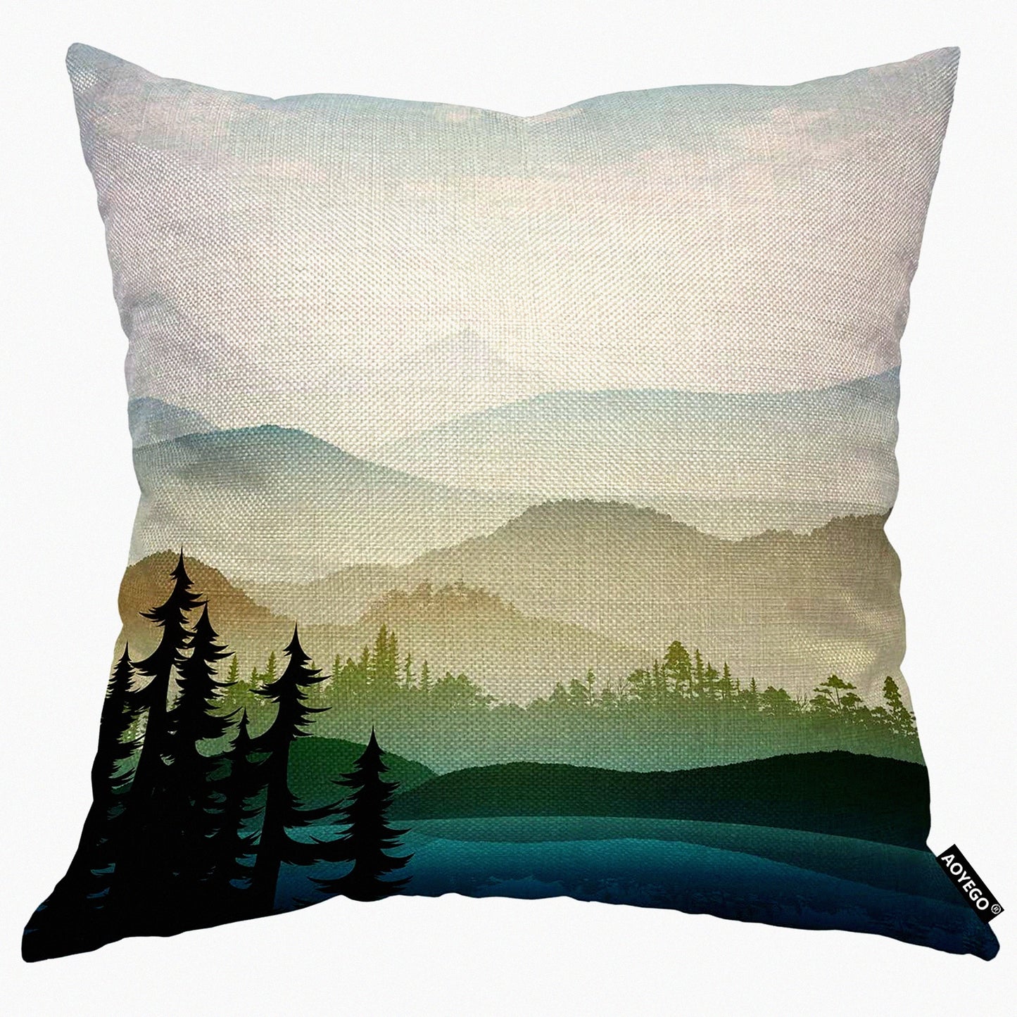 Mountain Forest Lake Summer Green Plant Fog River Park Decorative Throw Pillow Cover - 18x18 Inch Cotton Linen Cushion for Home Couch Bed