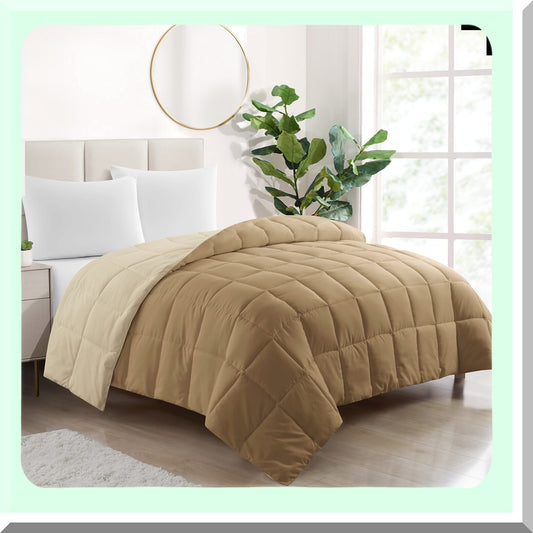 Luxury Comfort All Season Reversible Comforter - Full/Queen Size - Tan - Box Stitched - Hypoallergenic Down Alternative - Cozy Bedding Solution
