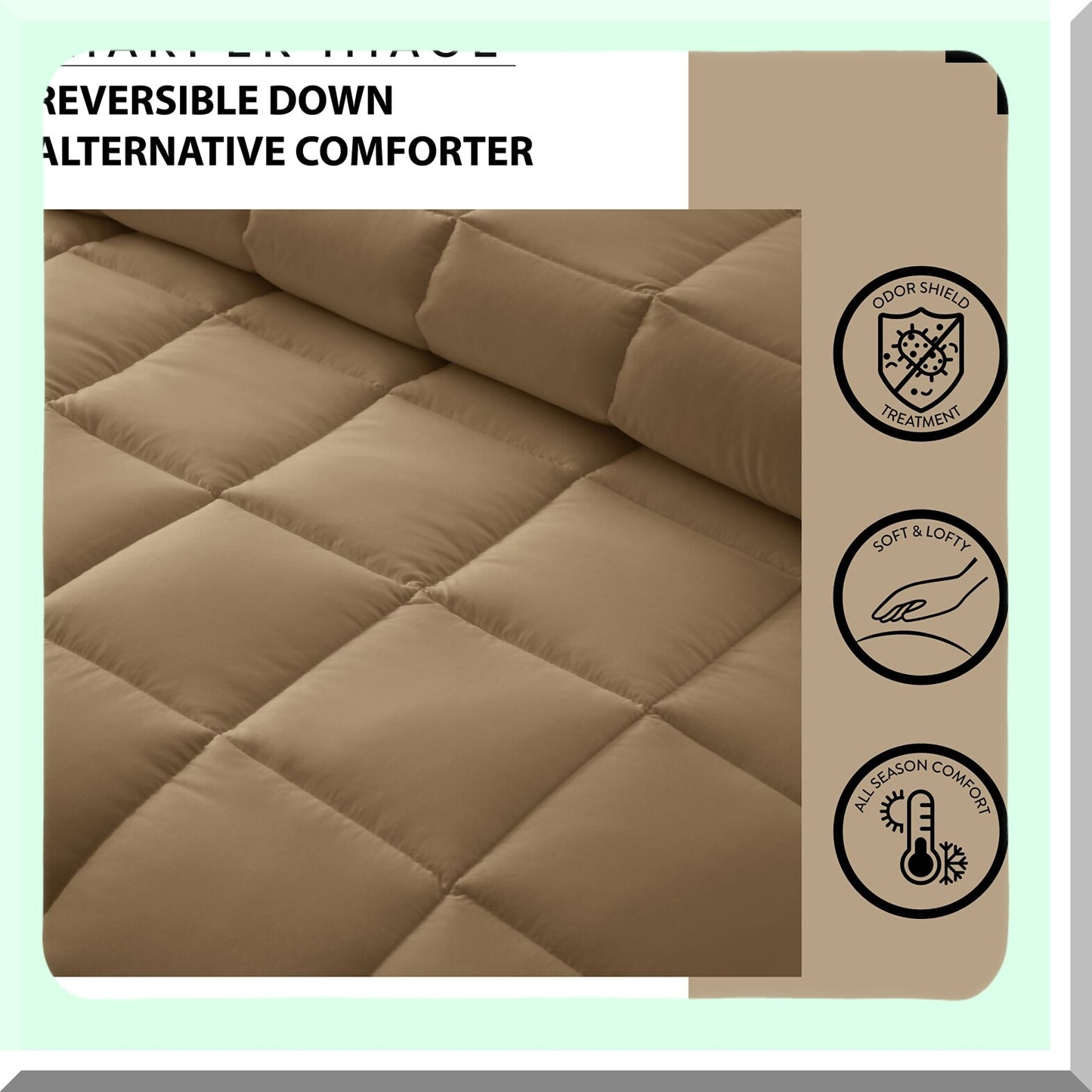 Luxury Comfort All Season Reversible Comforter - Full/Queen Size - Tan - Box Stitched - Hypoallergenic Down Alternative - Cozy Bedding Solution