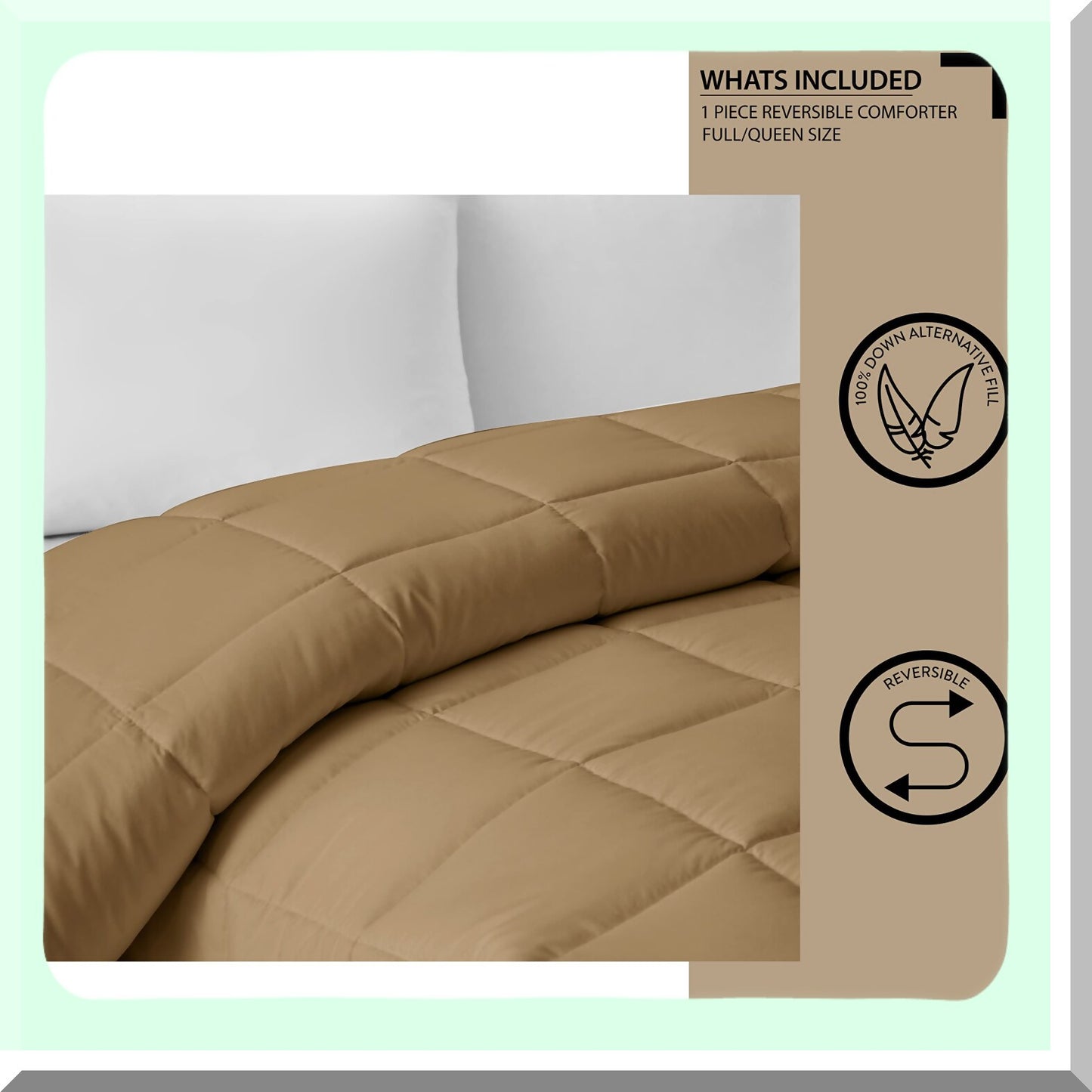 Luxury Comfort All Season Reversible Comforter - Full/Queen Size - Tan - Box Stitched - Hypoallergenic Down Alternative - Cozy Bedding Solution