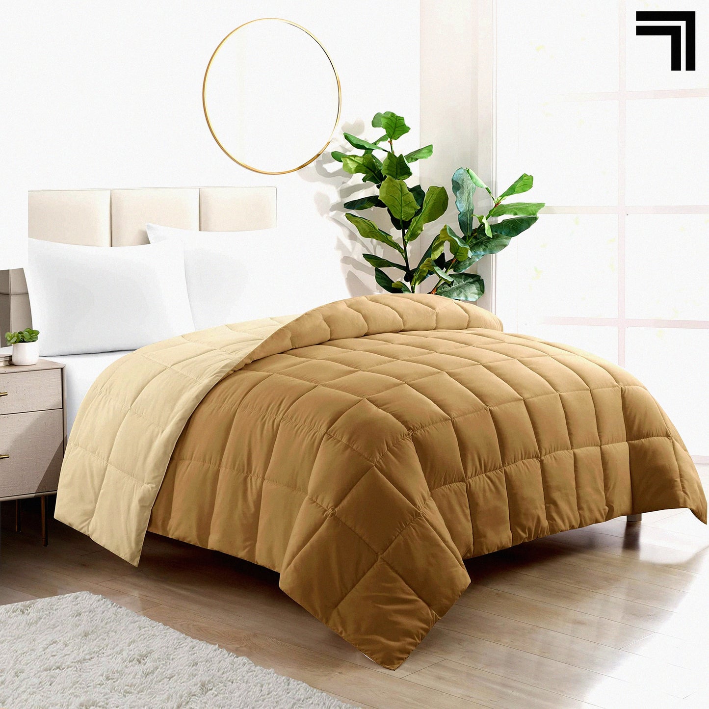 Luxury Comfort All Season Reversible Comforter - Full/Queen Size - Tan - Box Stitched - Hypoallergenic Down Alternative - Cozy Bedding Solution