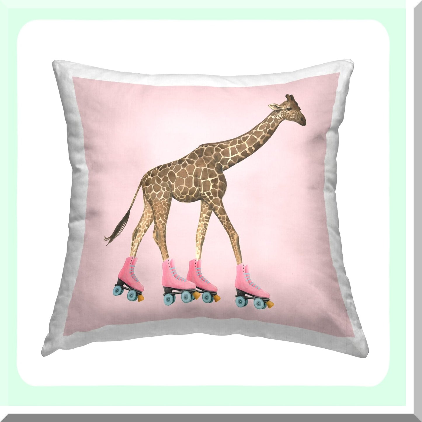 Roller Skating Giraffe Pillow - Funny Animal Design by Grace Popp - 18 x 18 inches - Pink Decorative Cushion Cover - Whimsical Home Decor