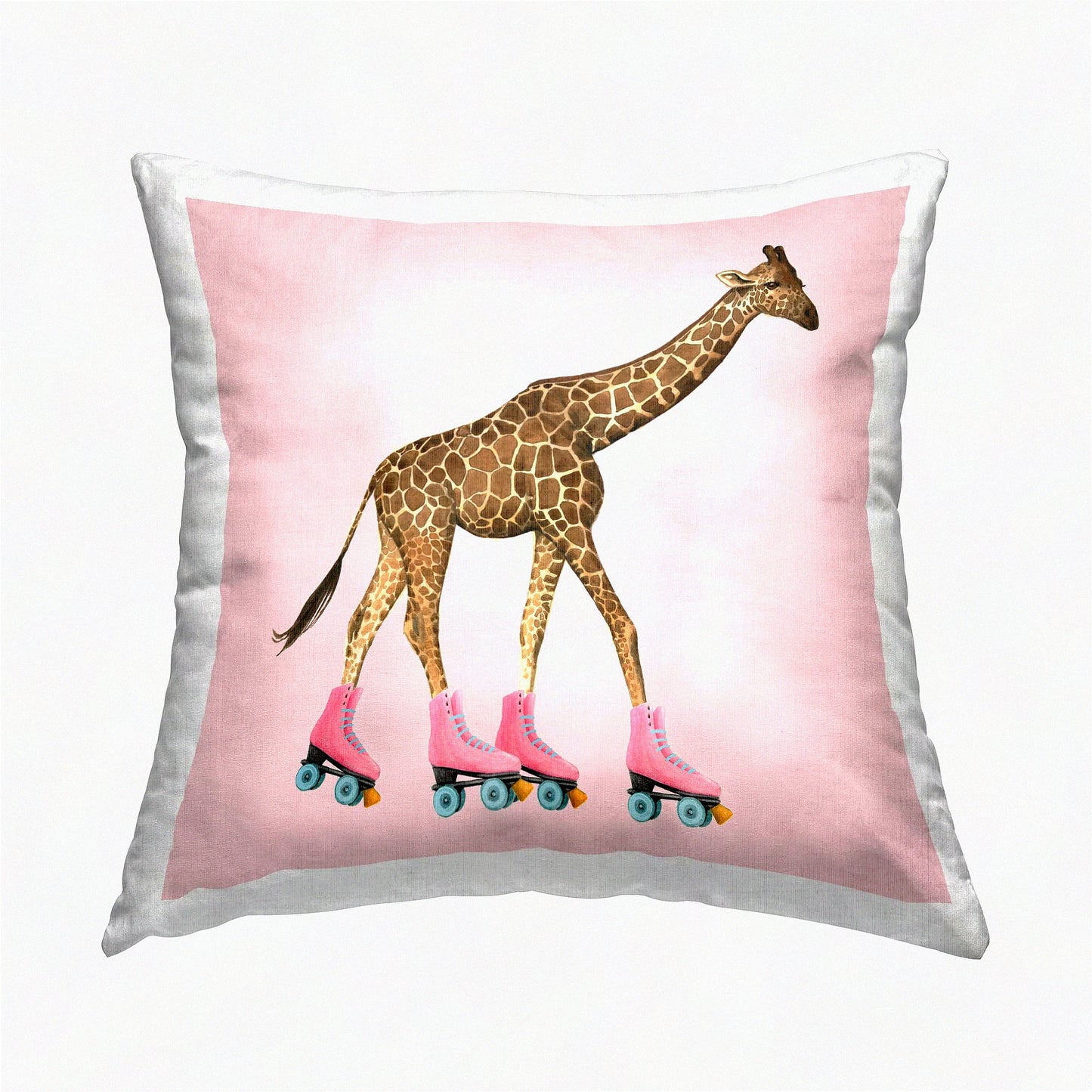Roller Skating Giraffe Pillow - Funny Animal Design by Grace Popp - 18 x 18 inches - Pink Decorative Cushion Cover - Whimsical Home Decor