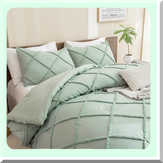 Luxury Sage Green Boho Comforter Set - Geometric Textured Bedding (104x90 inches) - Soft Microfiber - Lightweight - All Season - 3 Pieces with 2 Pillowcases