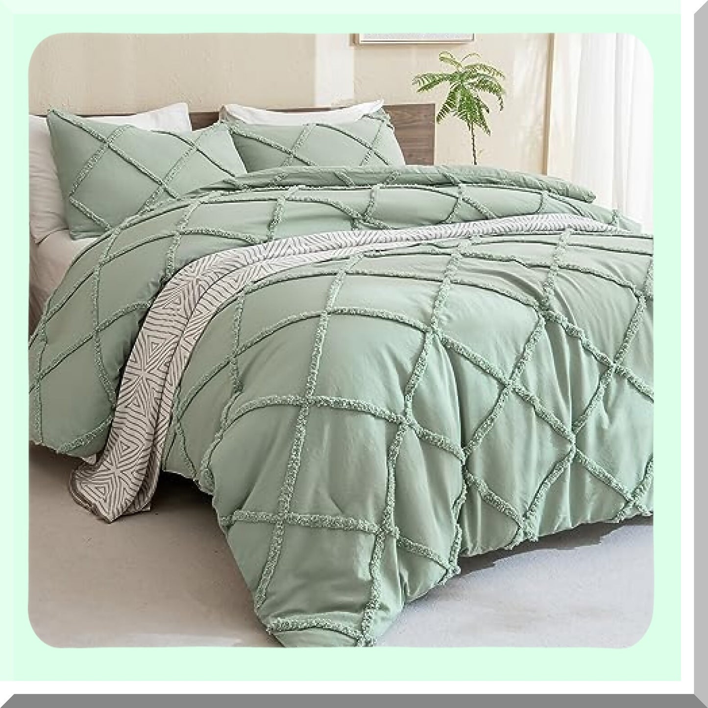 Luxury Sage Green Boho Comforter Set - Geometric Textured Bedding (104x90 inches) - Soft Microfiber - Lightweight - All Season - 3 Pieces with 2 Pillowcases