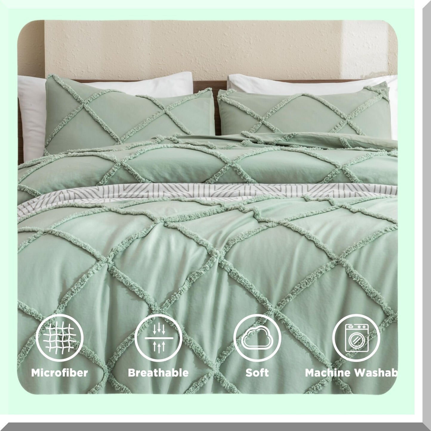 Luxury Sage Green Boho Comforter Set - Geometric Textured Bedding (104x90 inches) - Soft Microfiber - Lightweight - All Season - 3 Pieces with 2 Pillowcases