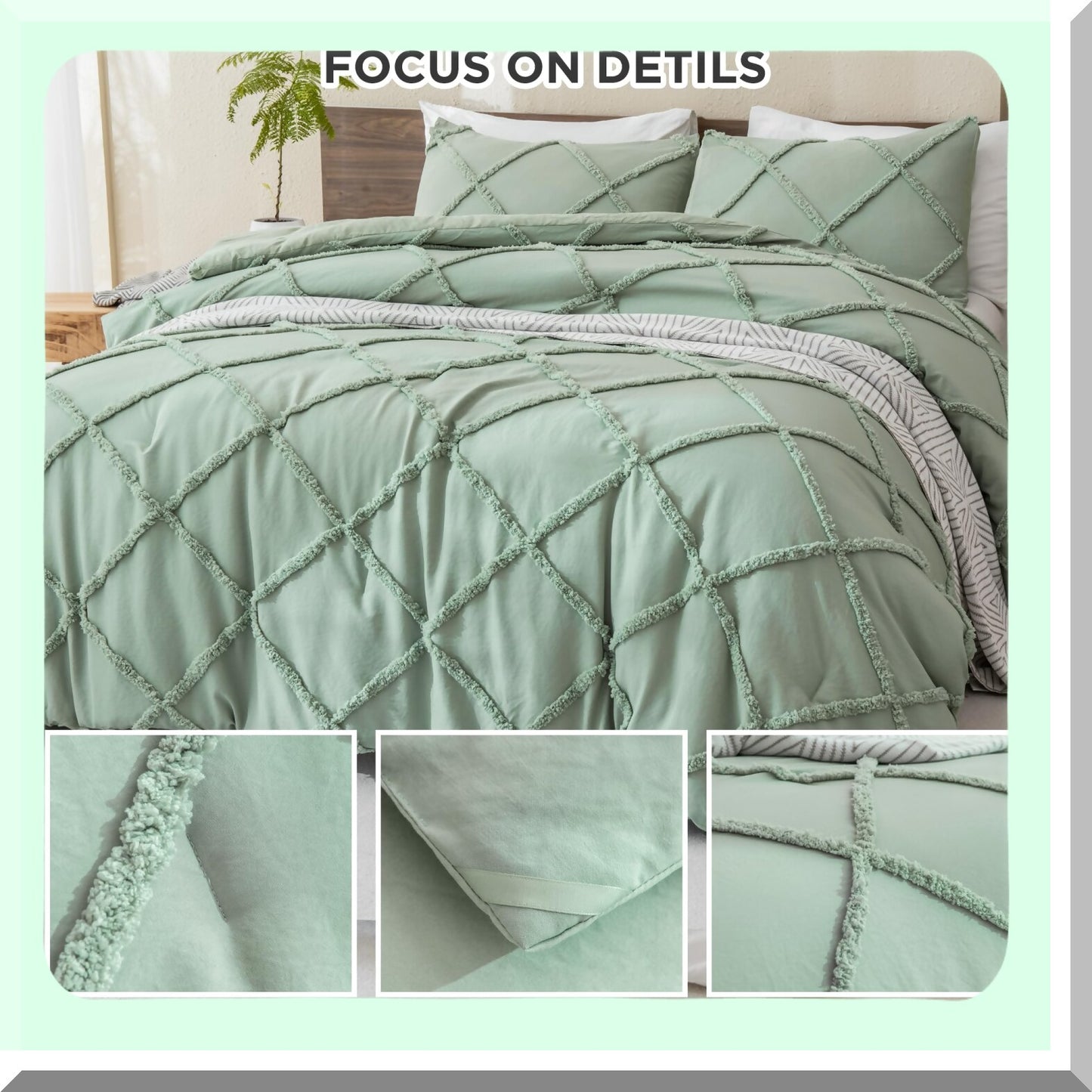 Luxury Sage Green Boho Comforter Set - Geometric Textured Bedding (104x90 inches) - Soft Microfiber - Lightweight - All Season - 3 Pieces with 2 Pillowcases