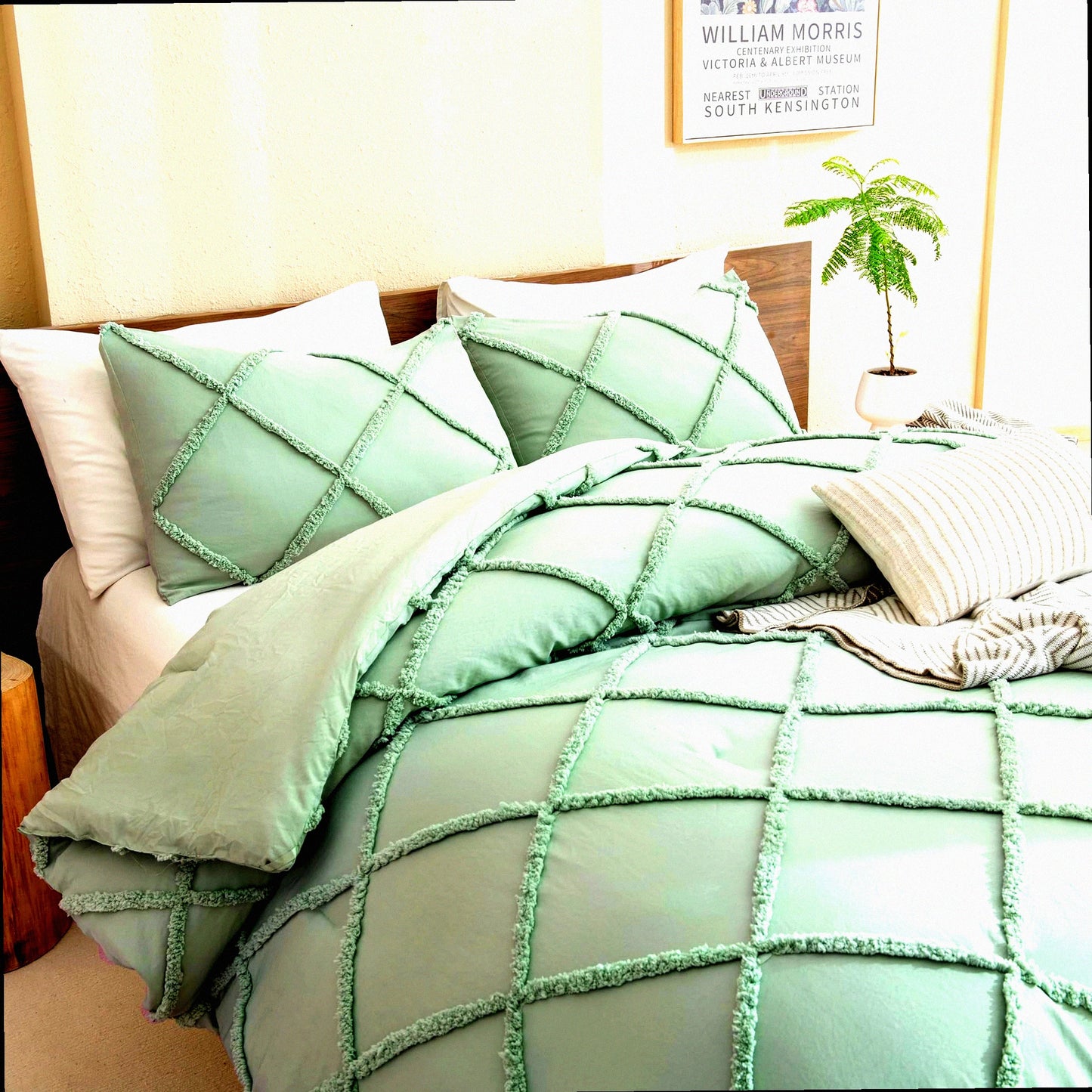 Luxury Sage Green Boho Comforter Set - Geometric Textured Bedding (104x90 inches) - Soft Microfiber - Lightweight - All Season - 3 Pieces with 2 Pillowcases