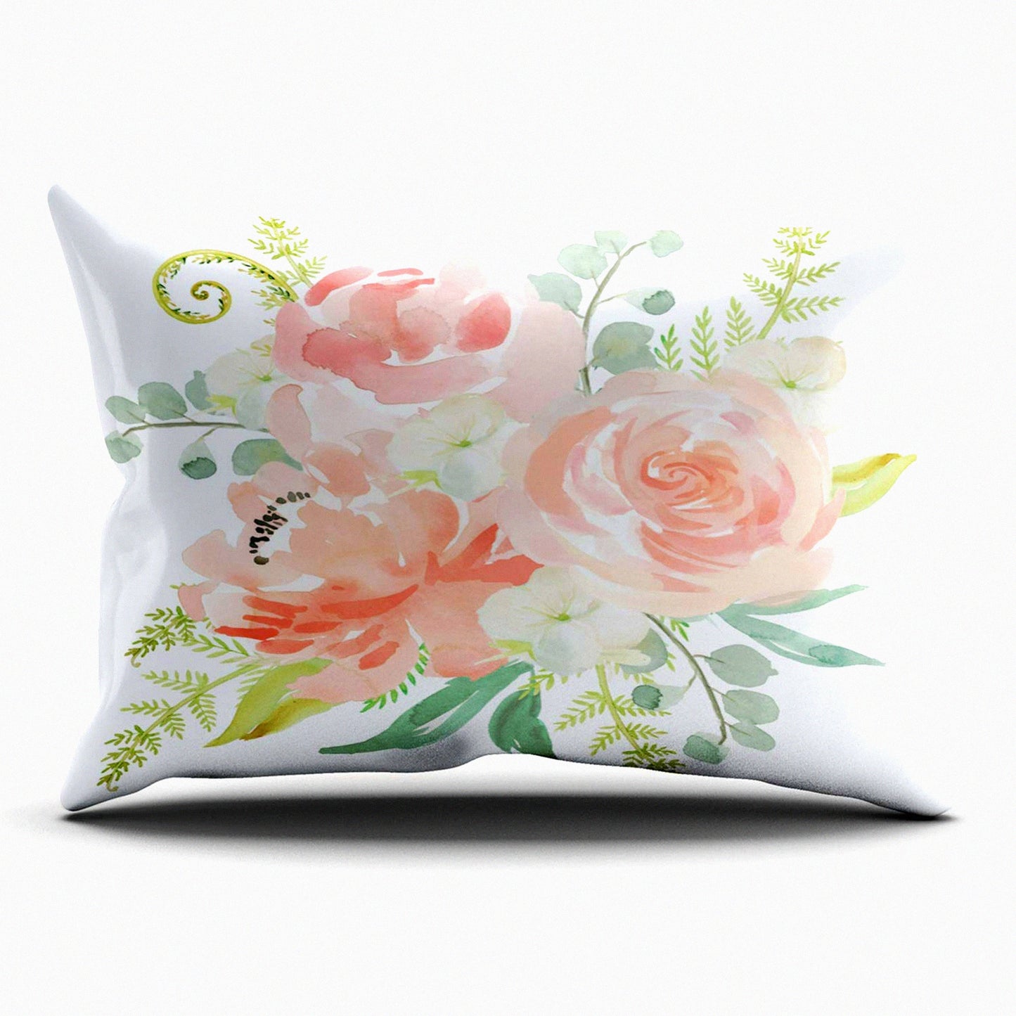 Watercolor Floral Customizable Lumbar Pillowcase - Peaches & Cream Design - 12x24 Inch Rectangle Cushion Cover - Hidden Zipper - Pink Blue Green