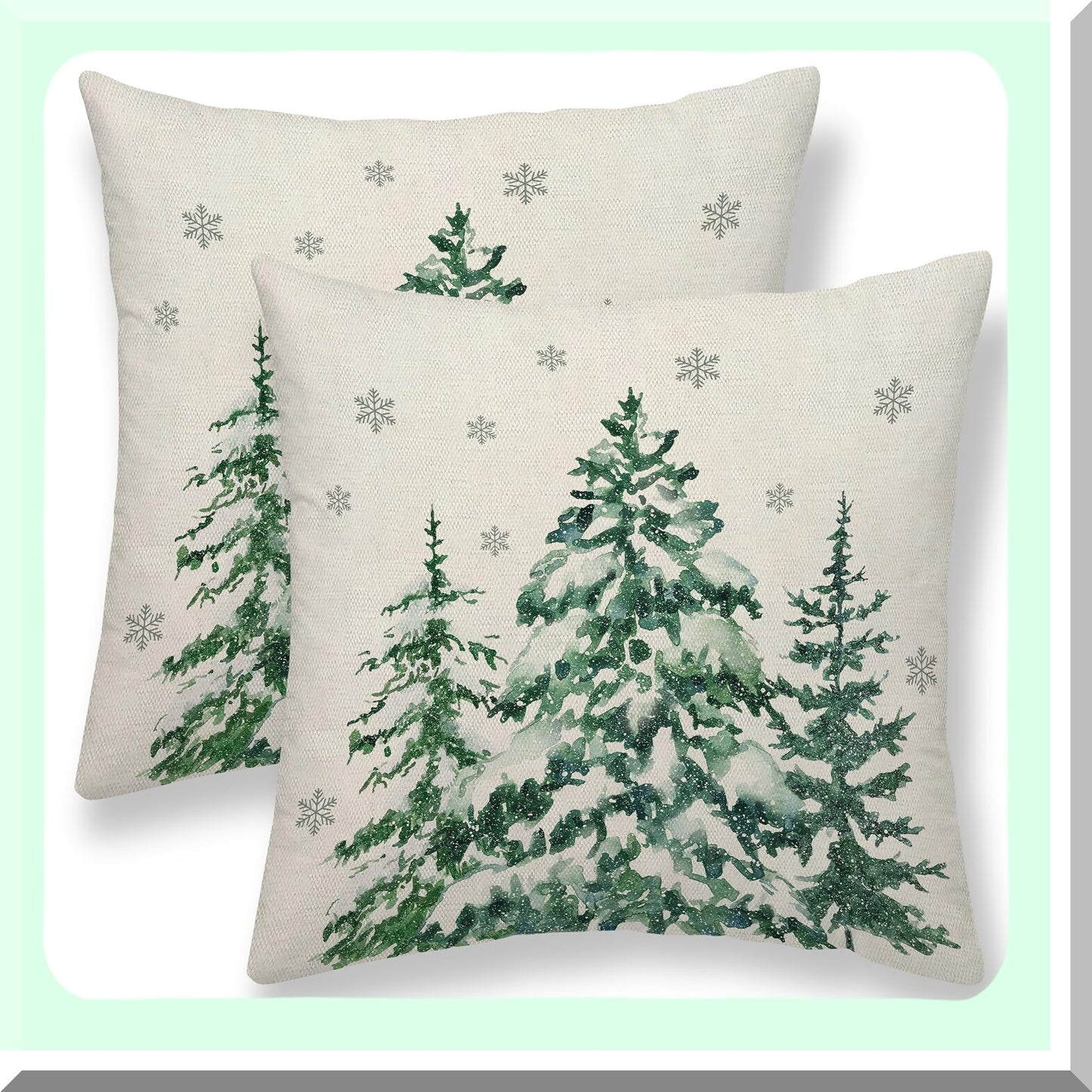 Forest Green Winter Linen Pillow Covers - Set of 2 18X18 Inch Decorative Cushion Cases for Sofa Couch Living Room - Trees Throw Pillows