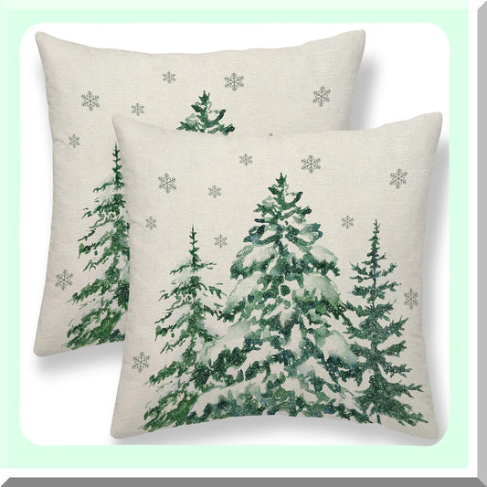Forest Green Winter Linen Pillow Covers - Set of 2 18X18 Inch Decorative Cushion Cases for Sofa Couch Living Room - Trees Throw Pillows