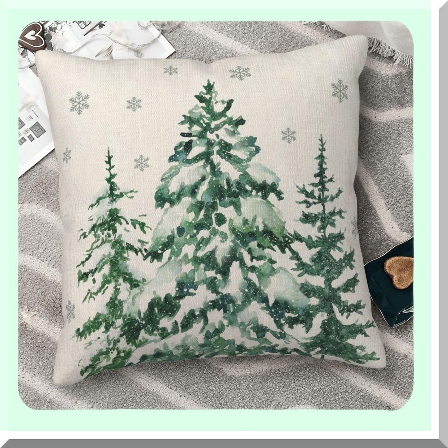 Forest Green Winter Linen Pillow Covers - Set of 2 18X18 Inch Decorative Cushion Cases for Sofa Couch Living Room - Trees Throw Pillows