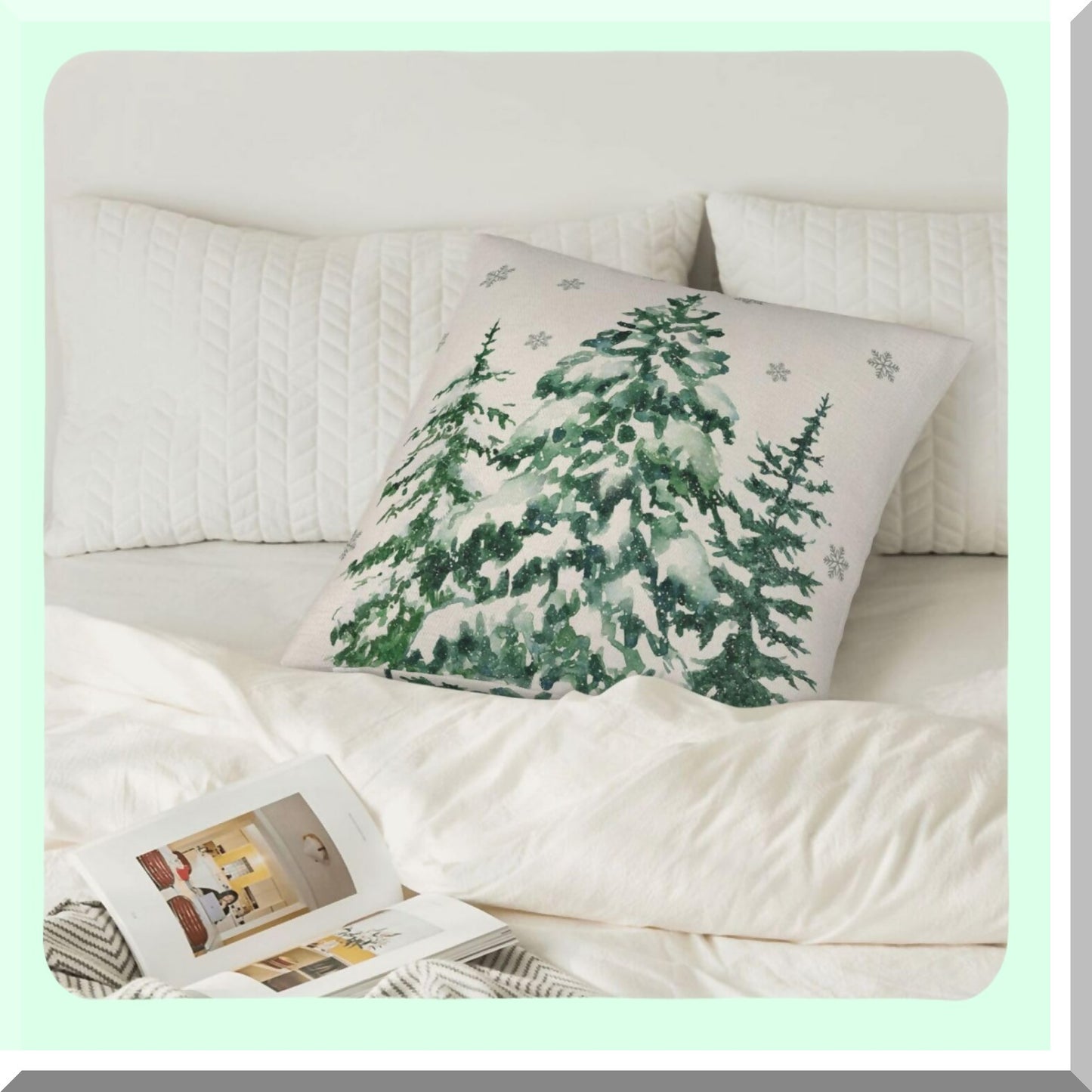 Forest Green Winter Linen Pillow Covers - Set of 2 18X18 Inch Decorative Cushion Cases for Sofa Couch Living Room - Trees Throw Pillows
