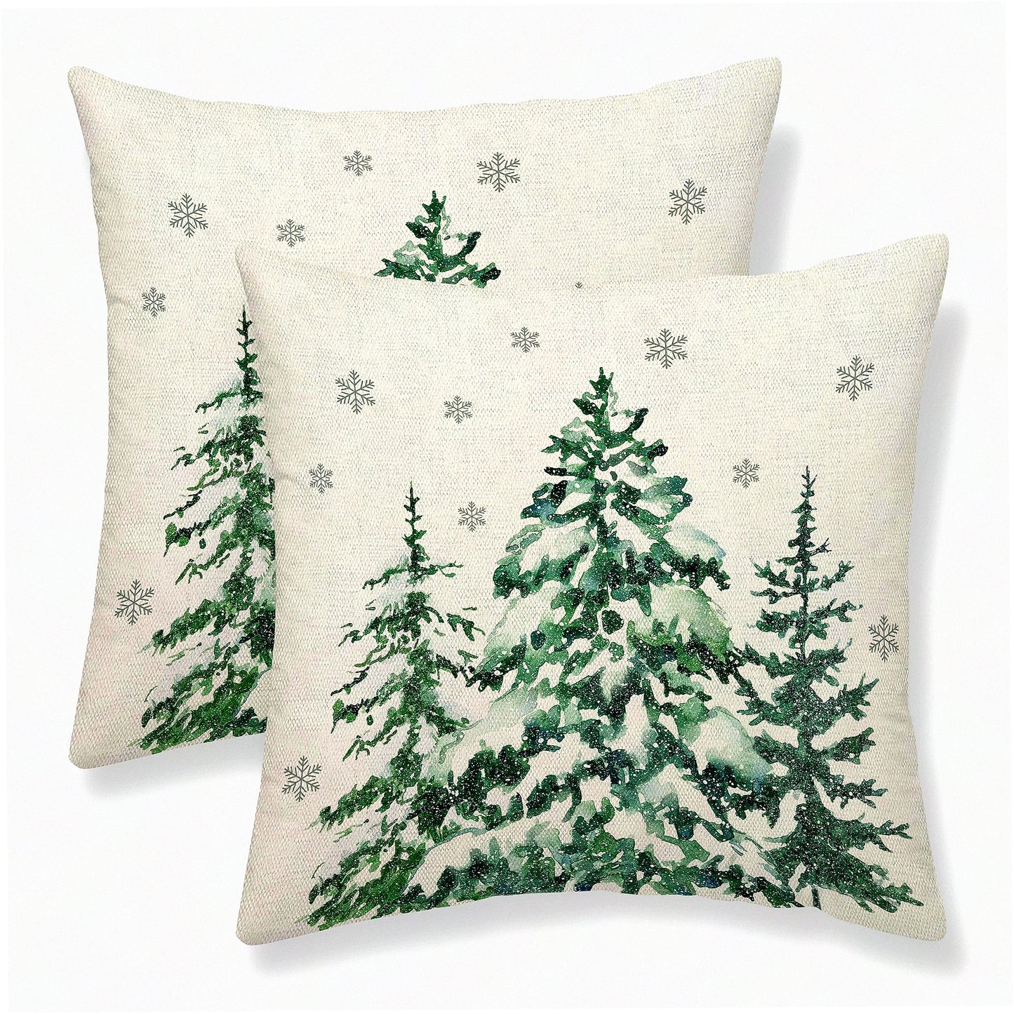 Forest Green Winter Linen Pillow Covers - Set of 2 18X18 Inch Decorative Cushion Cases for Sofa Couch Living Room - Trees Throw Pillows