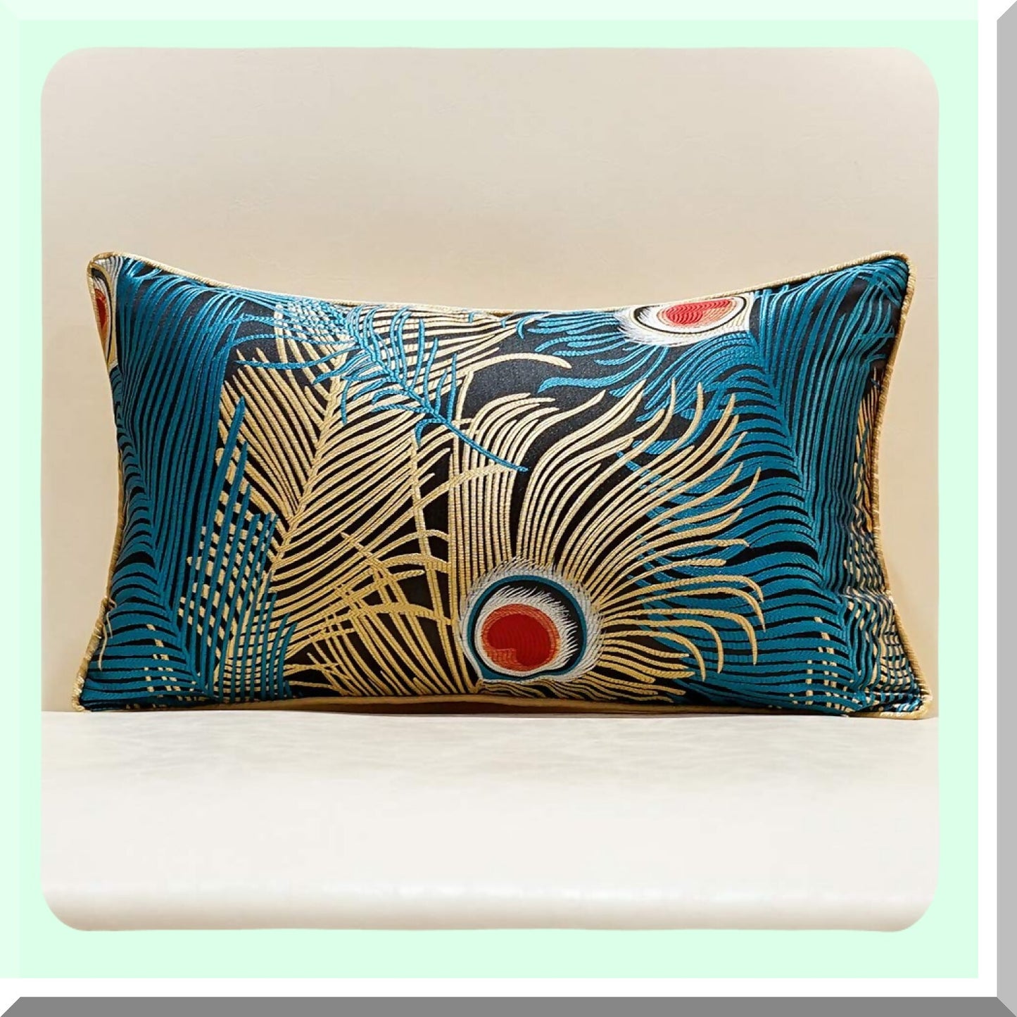 Luxury Peacock Feather Cushion Covers - Navy Blue Gold Throw Pillow Cases for Home Decor - Sofa Living Room Bedroom Car Accessories - 12x20 Inches