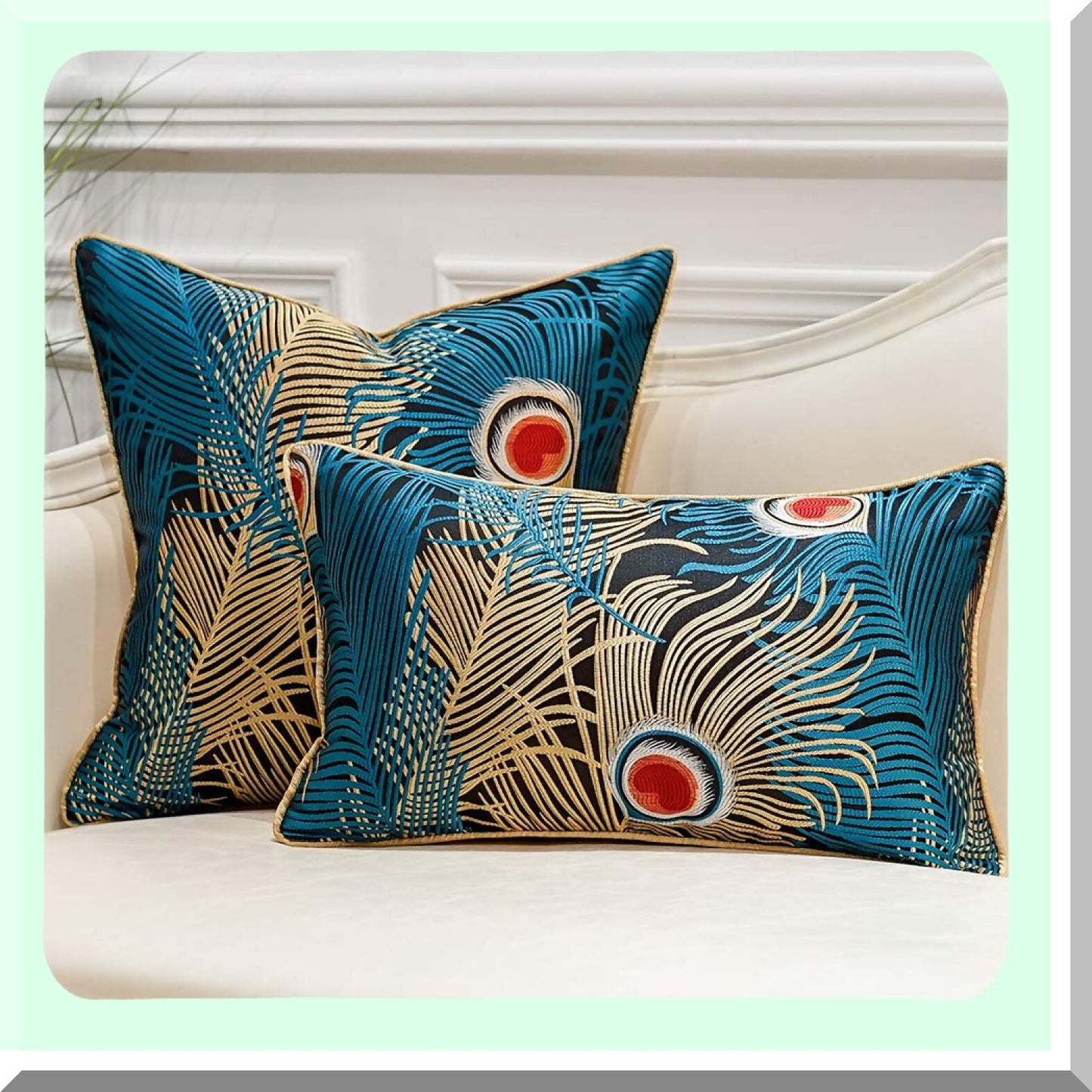 Luxury Peacock Feather Cushion Covers - Navy Blue Gold Throw Pillow Cases for Home Decor - Sofa Living Room Bedroom Car Accessories - 12x20 Inches