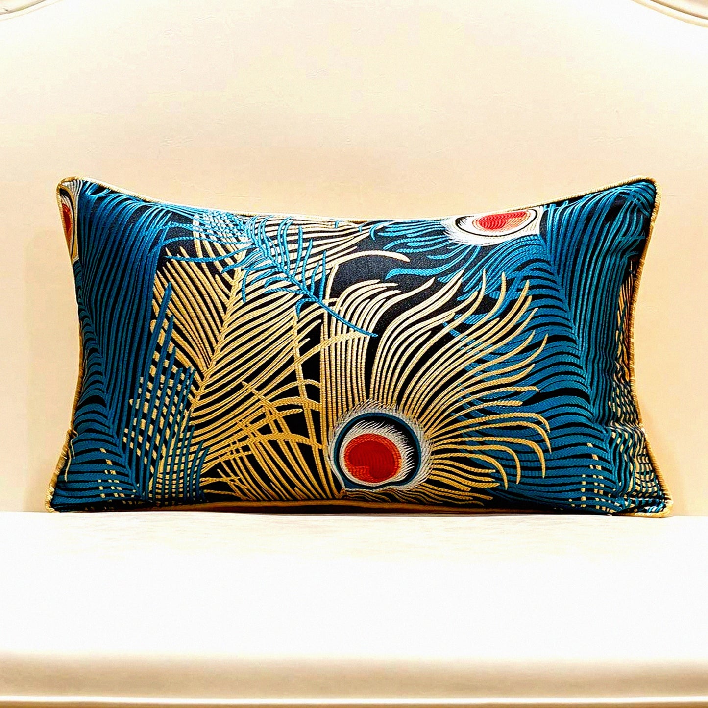 Luxury Peacock Feather Cushion Covers - Navy Blue Gold Throw Pillow Cases for Home Decor - Sofa Living Room Bedroom Car Accessories - 12x20 Inches