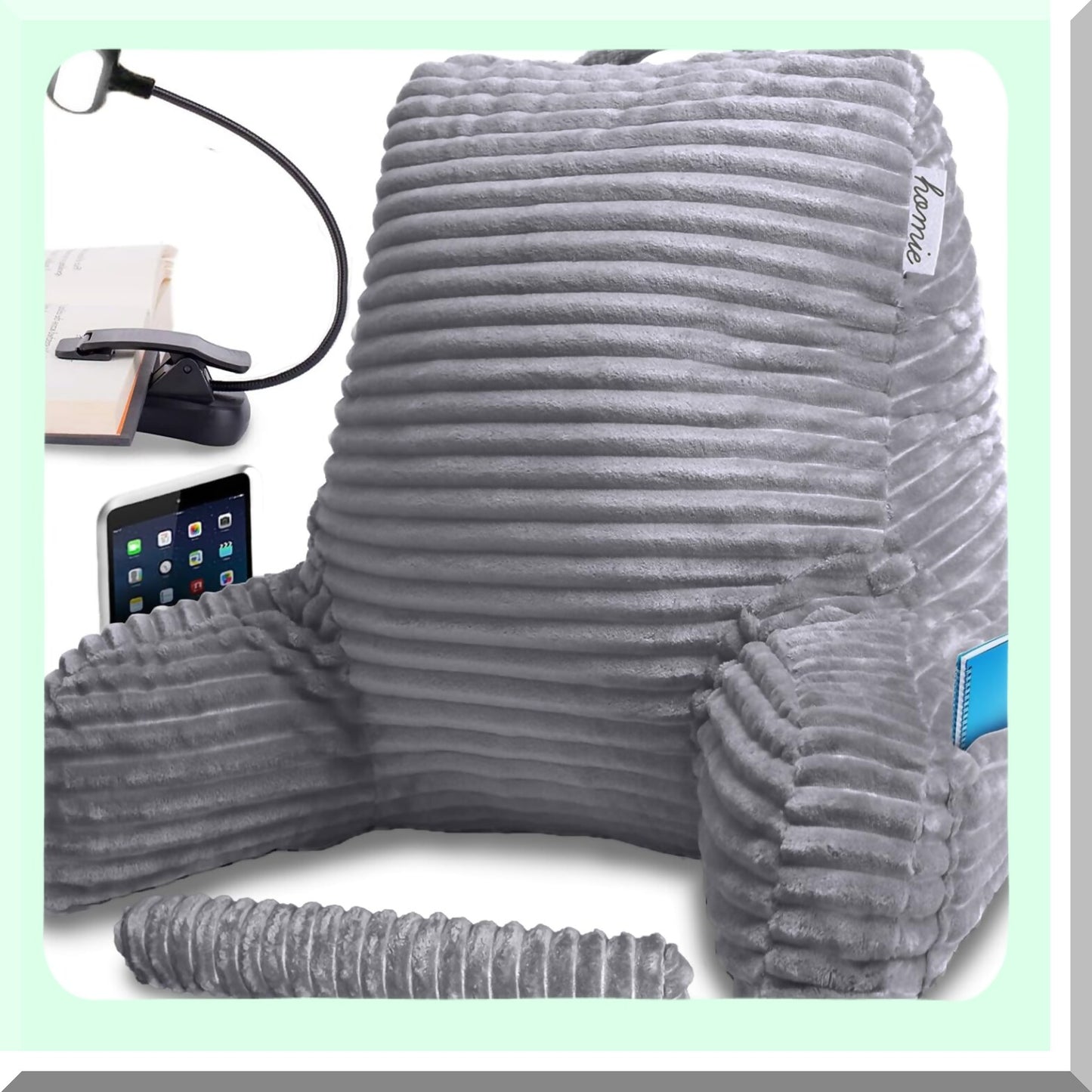 CozyRest Reading Pillow with Light, Wrist Support, Arm Rests, Back Support - Ideal for Bed Rest, Lounging, Reading, Laptop Work, TV - Gray