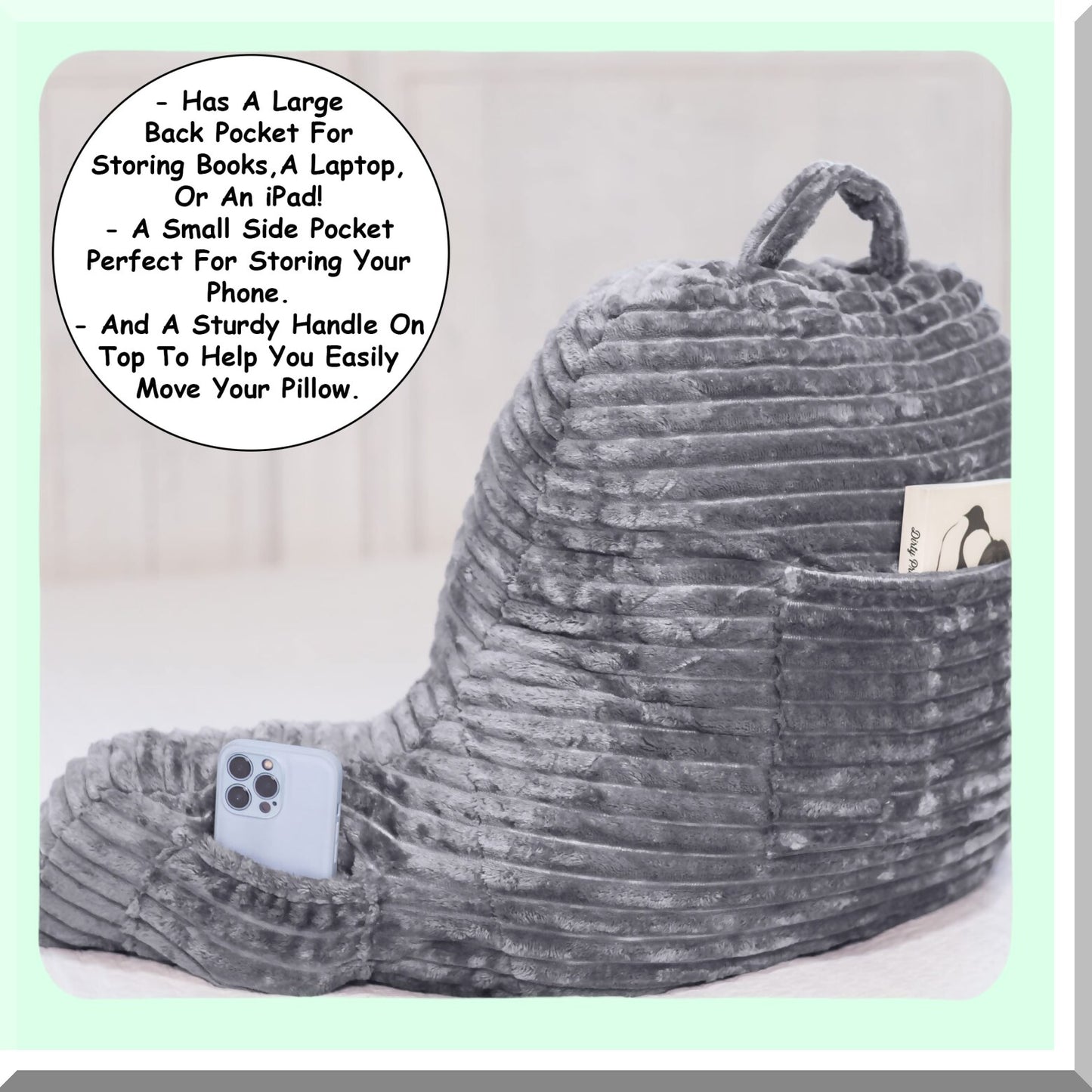 CozyRest Reading Pillow with Light, Wrist Support, Arm Rests, Back Support - Ideal for Bed Rest, Lounging, Reading, Laptop Work, TV - Gray