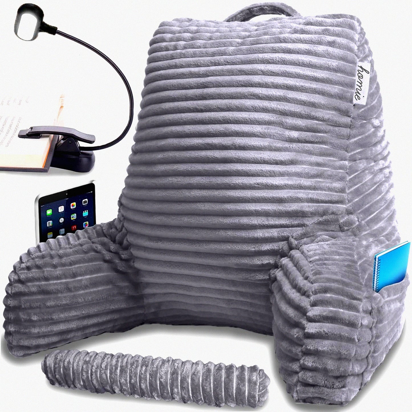 CozyRest Reading Pillow with Light, Wrist Support, Arm Rests, Back Support - Ideal for Bed Rest, Lounging, Reading, Laptop Work, TV - Gray