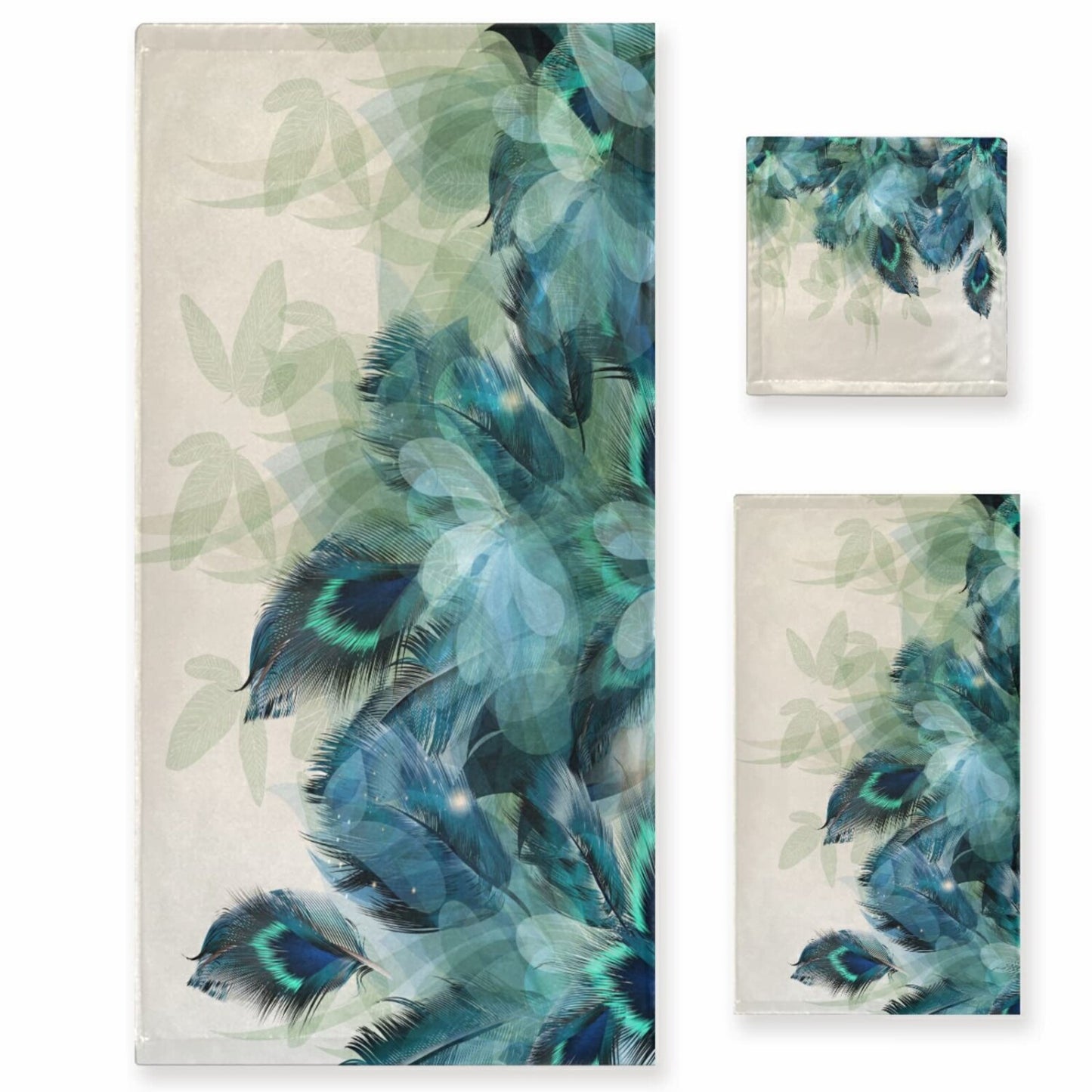 Watercolor Peacock Bath Towel Set 3 Pieces