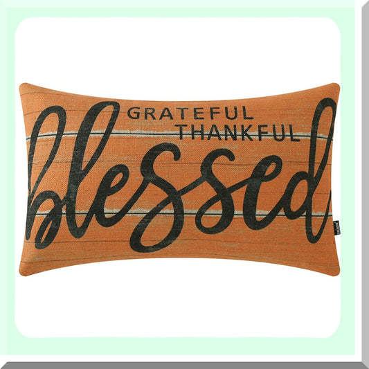 Autumn Blessings Linen Pillow Cover - Farmhouse Orange 12x20 Inch Oblong Throw Pillowcase for Sofa Couch, Chair, Office - Fall Decorations