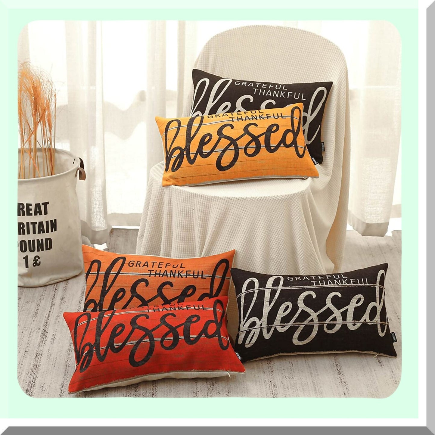Autumn Blessings Linen Pillow Cover - Farmhouse Orange 12x20 Inch Oblong Throw Pillowcase for Sofa Couch, Chair, Office - Fall Decorations